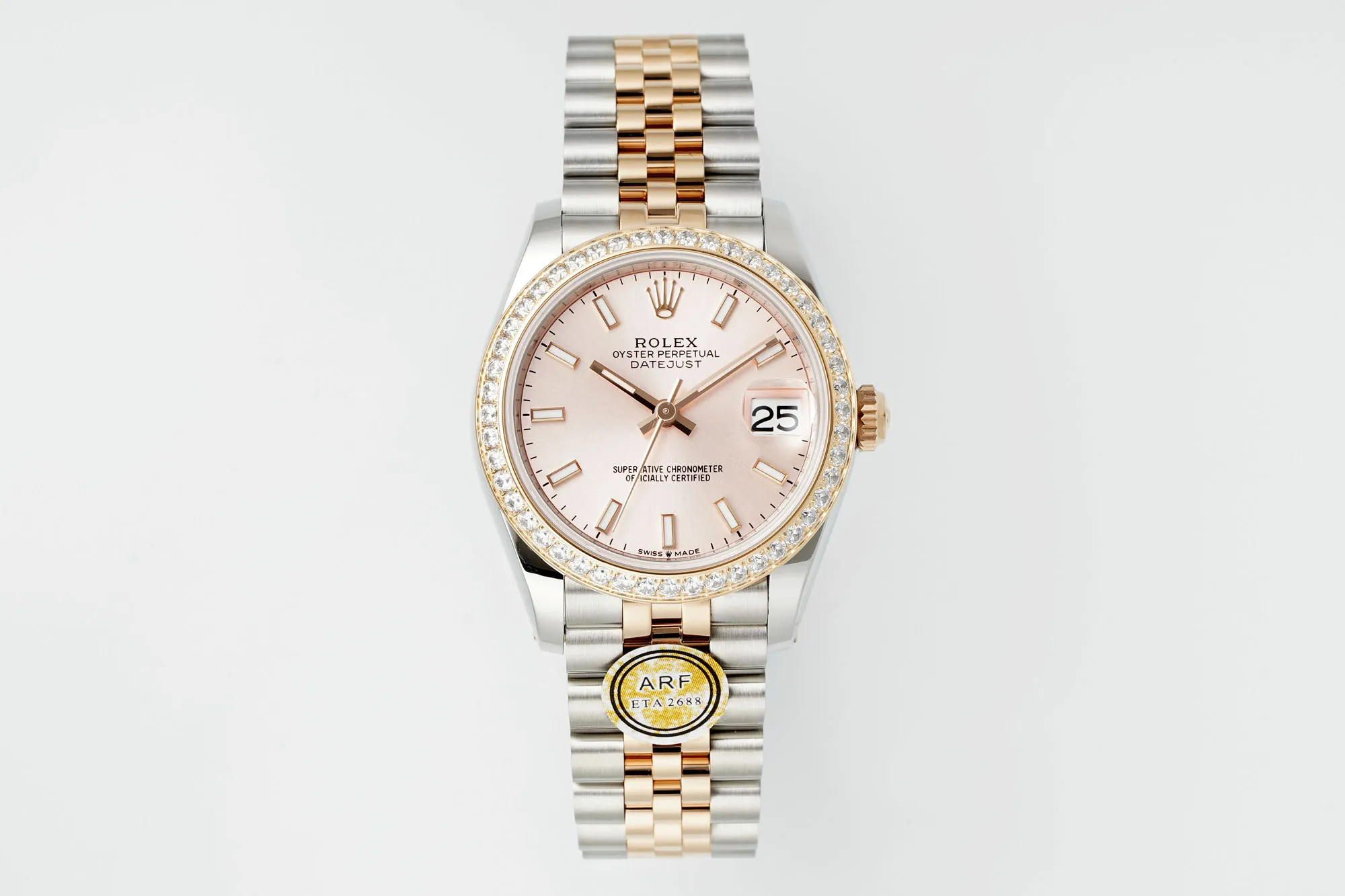 AR Factory Rolex Datejust 31mm Women's Automatic Watch with Pink Dial, Diamond Bezel, and Two-Tone Silver Gold Jubilee Bracelet
