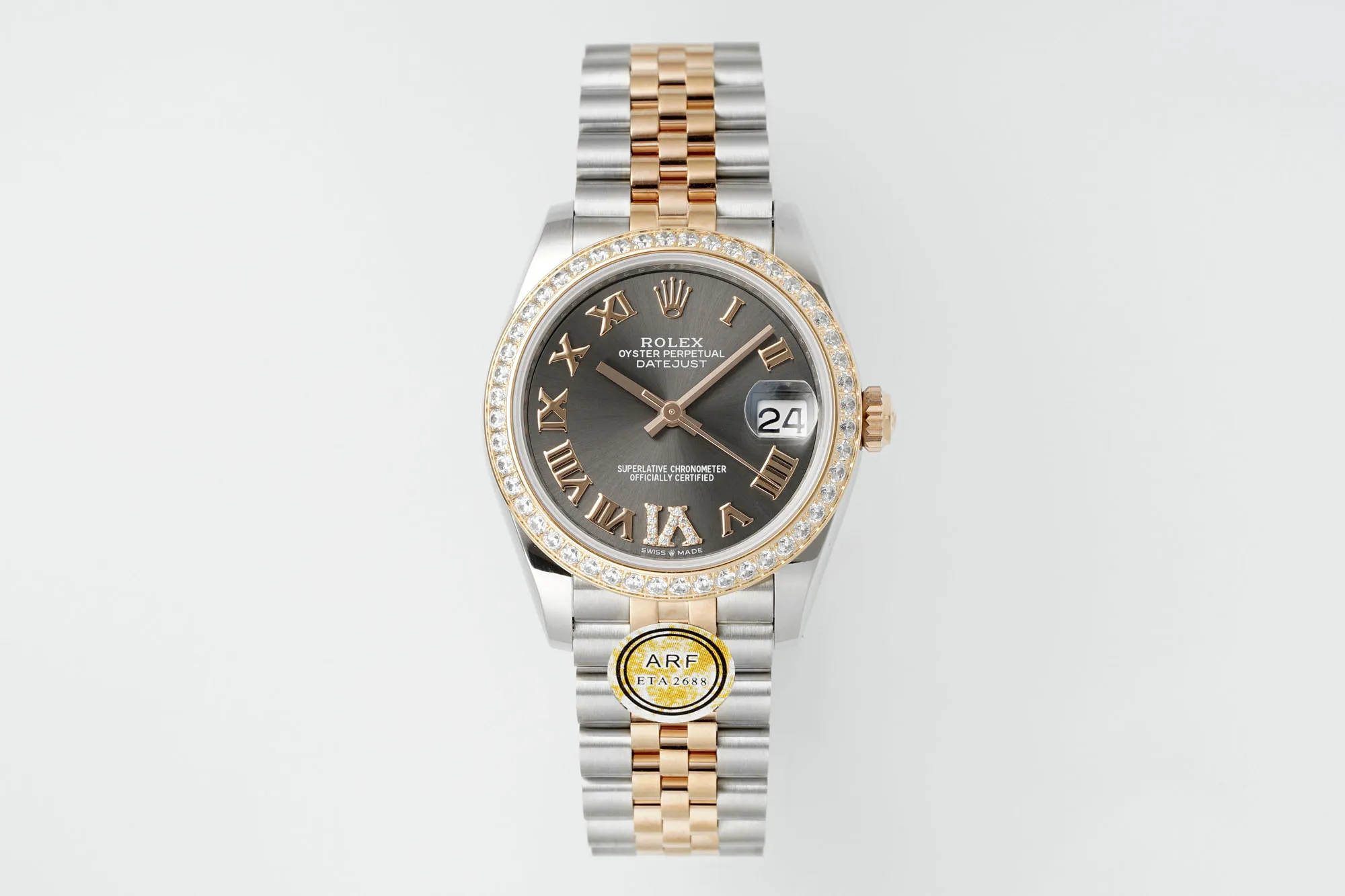 AR Factory Rolex Datejust 31mm Oystersteel and Everose Gold Diamond Bezel Grey Roman Dial Jubilee Bracelet Luxury Watch
