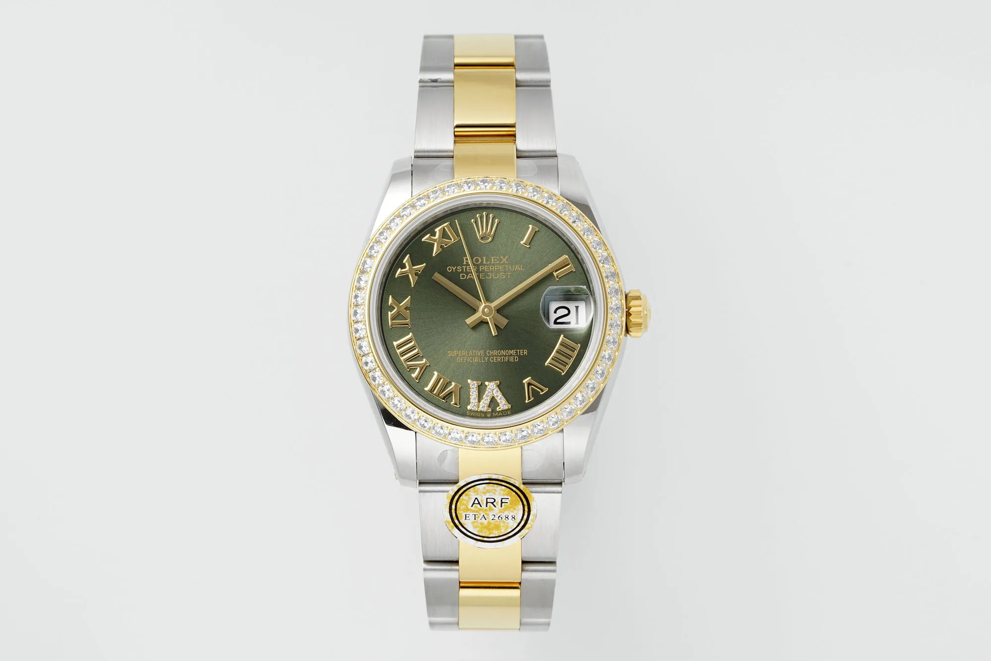 AR Factory Rolex Datejust 31mm Olive Green Roman Dial Diamond Bezel Two-Tone Steel and Yellow Gold Oyster Bracelet Ladies Watch
