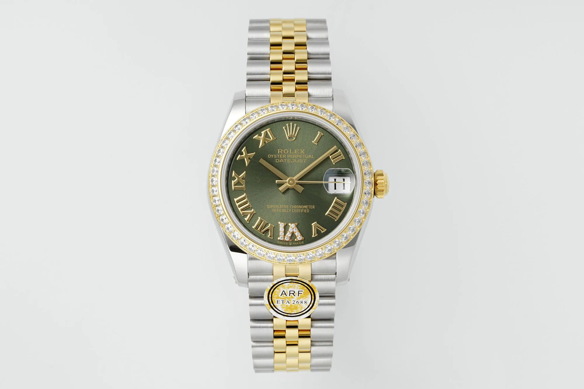 AR Factory Rolex Datejust 31mm Olive Green Roman Numeral Dial Diamond Bezel Two-Tone Yellow Gold &amp; Stainless Steel Jubilee Bracelet Ladies Watch