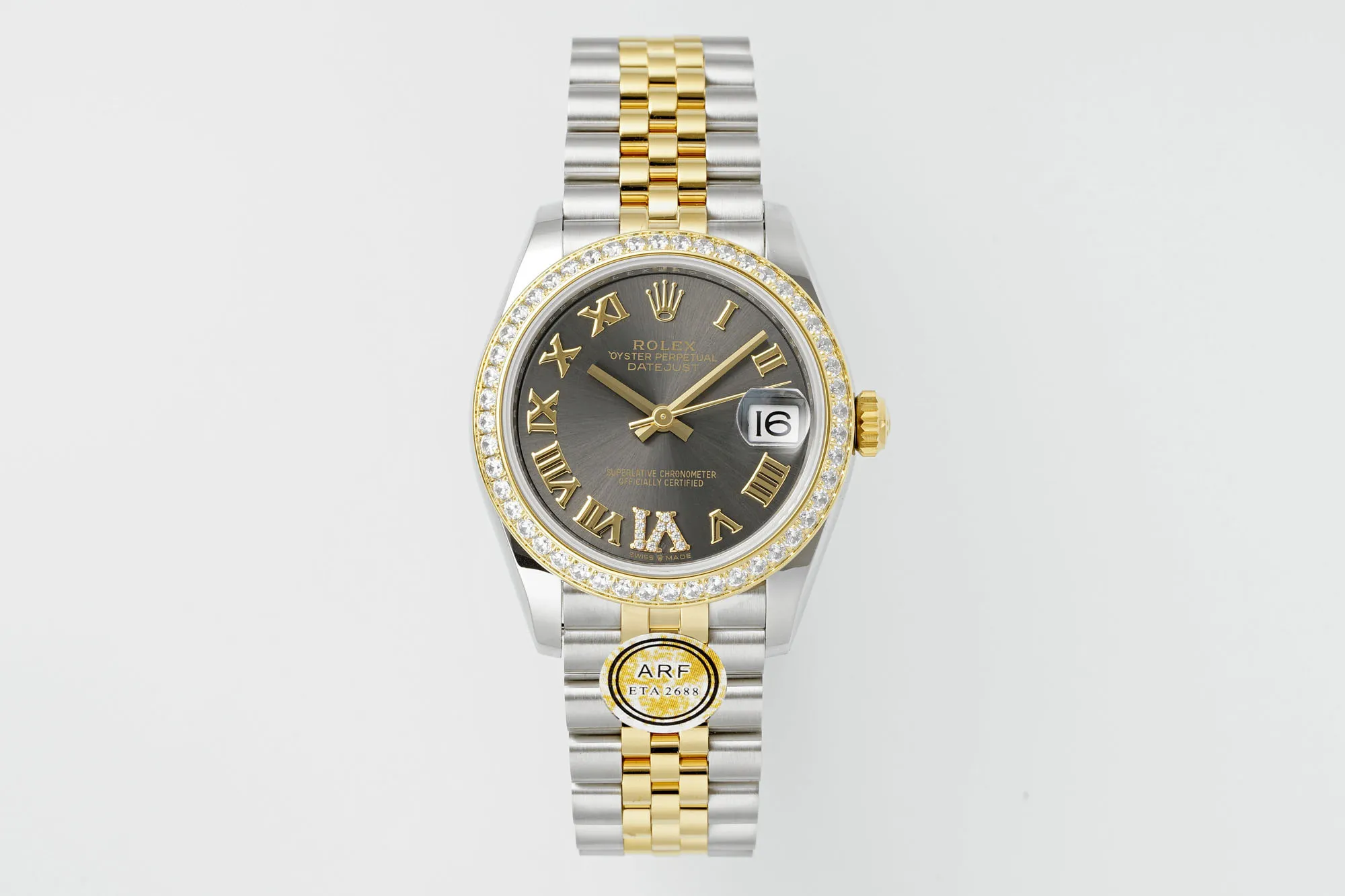 AR Factory Rolex Lady-Datejust 31mm Slate Grey Roman Numeral Dial Diamond Bezel Two-Tone Steel and Yellow Gold Jubilee Bracelet Watch