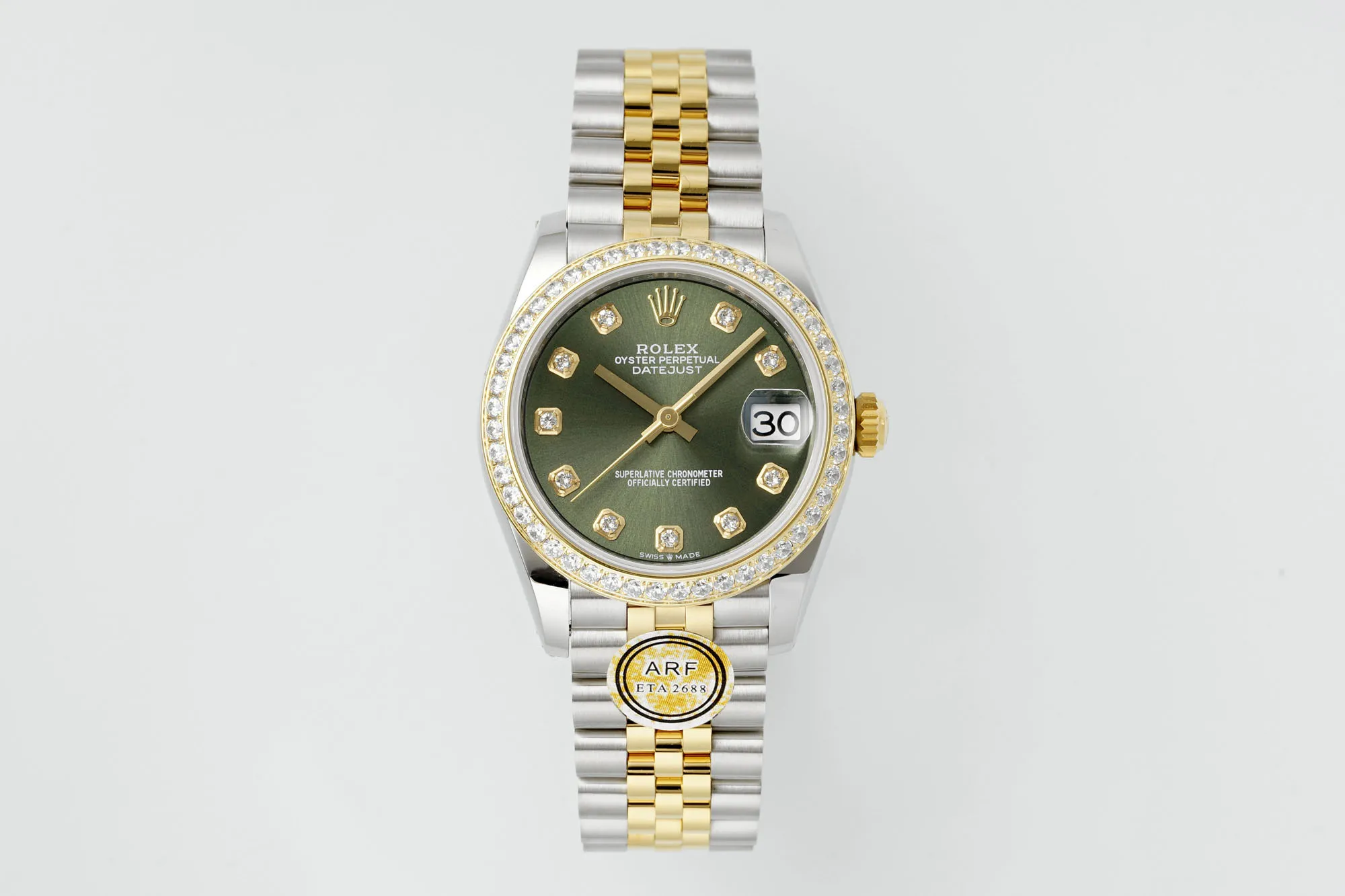 AR Factory Rolex Datejust 31mm Olive Green Dial Diamond Bezel Two-Tone Gold &amp; Steel Jubilee Bracelet Ladies Watch