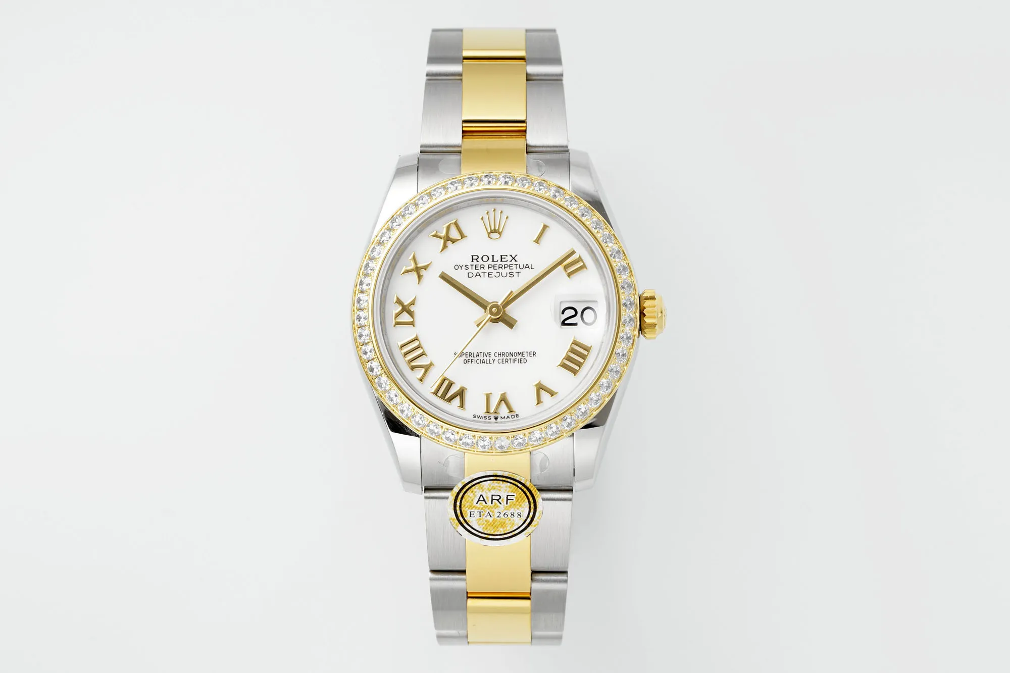 AR Factory Rolex Datejust 31mm White Dial Roman Numerals Diamond Bezel Two-Tone Stainless Steel and Yellow Gold Oyster Bracelet Ladies Watch