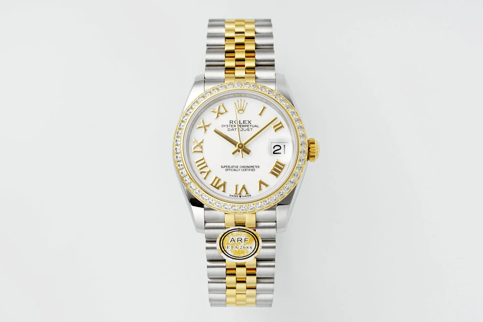 AR Factory Rolex Datejust 31mm White Roman Dial Diamond Bezel Two-Tone Yellow Gold &amp; Steel Jubilee Bracelet Ladies Watch