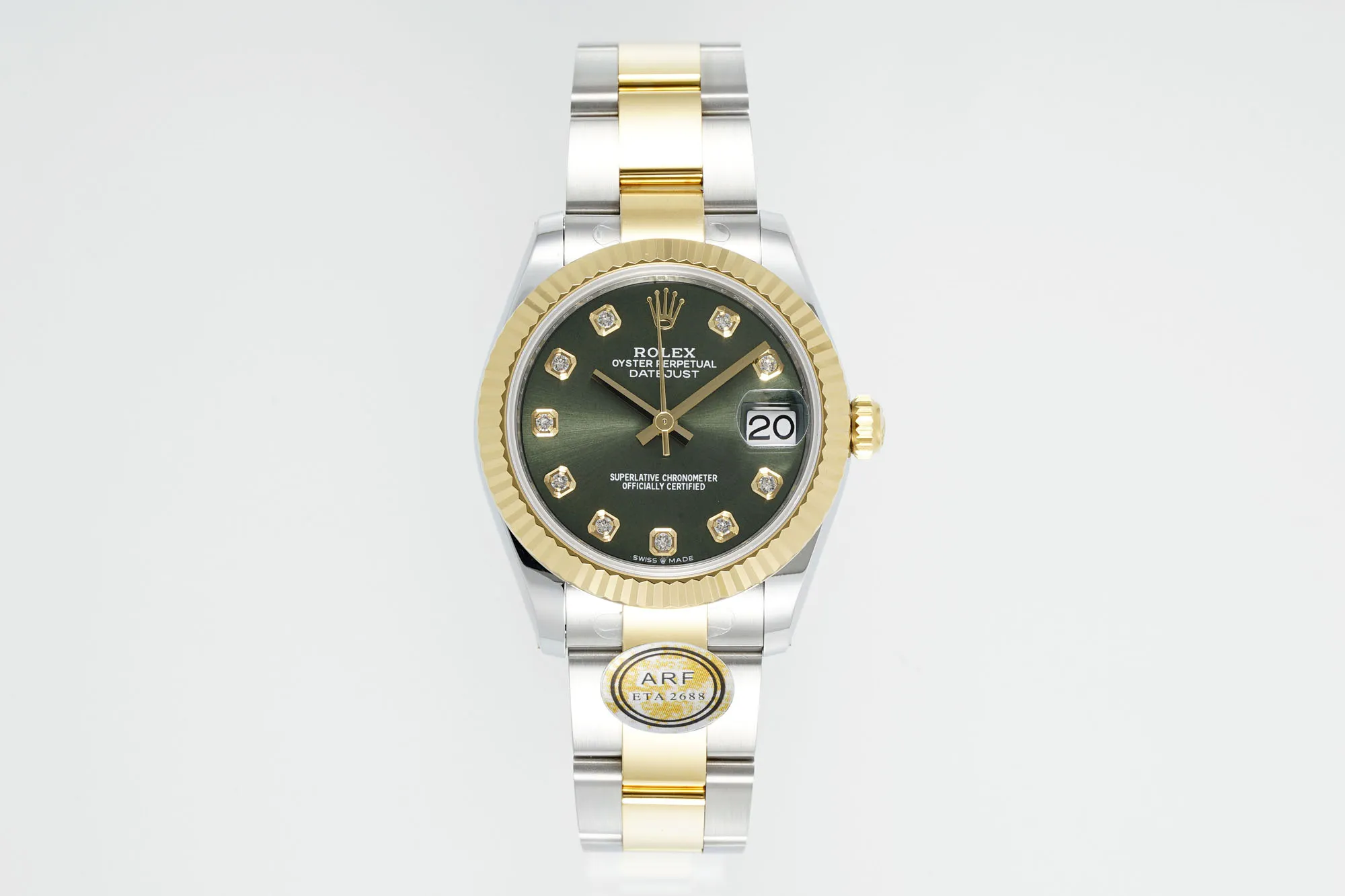 AR Factory Rolex Datejust 31mm Green Dial Diamond-Set Fluted Bezel Two-Tone Oystersteel and Yellow Gold Oyster Bracelet Watch