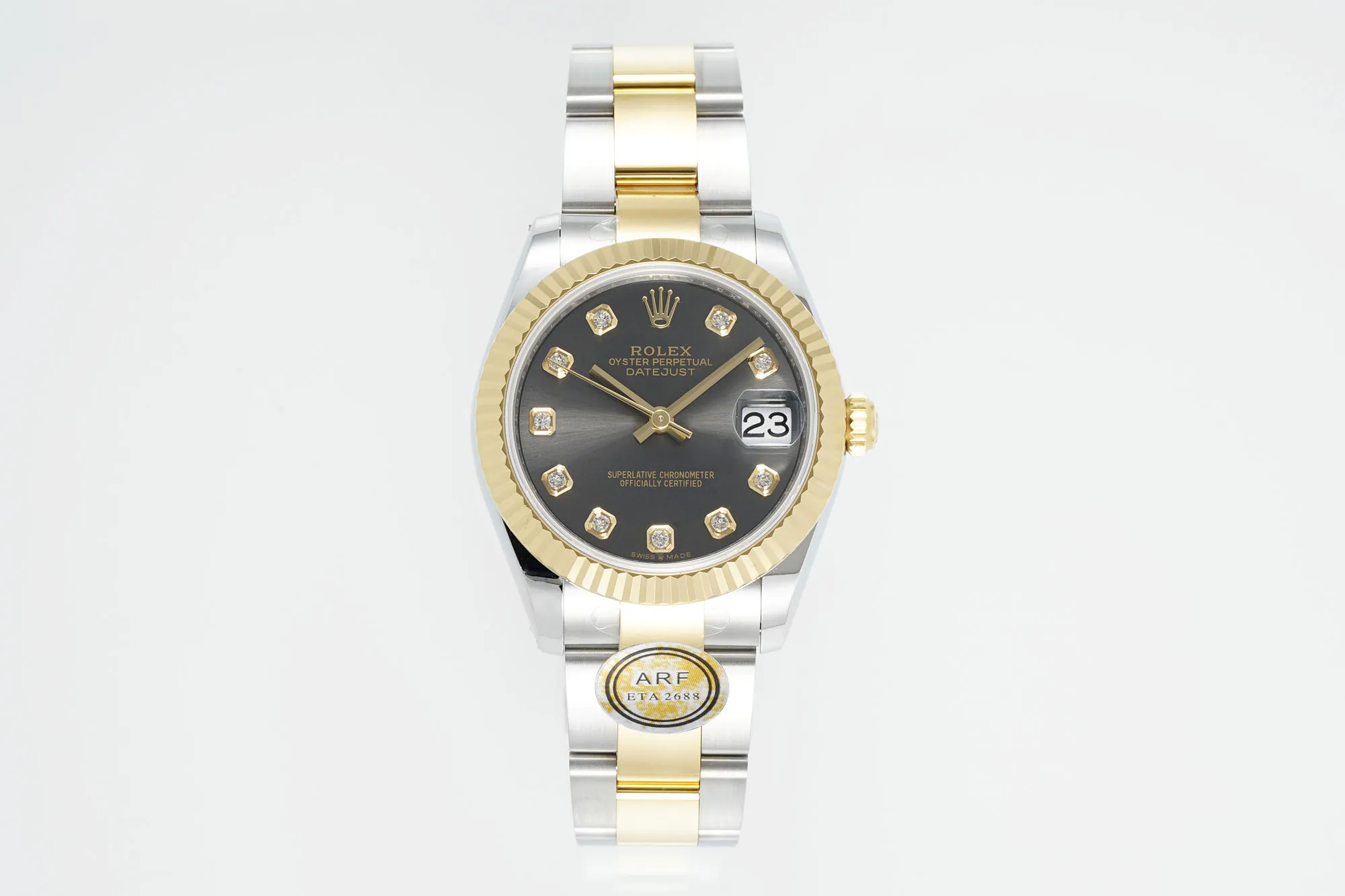 AR Factory Rolex Lady-Datejust 31mm Two-Tone Yellow Gold and Stainless Steel Black Diamond Dial Fluted Bezel Oyster Bracelet Watch