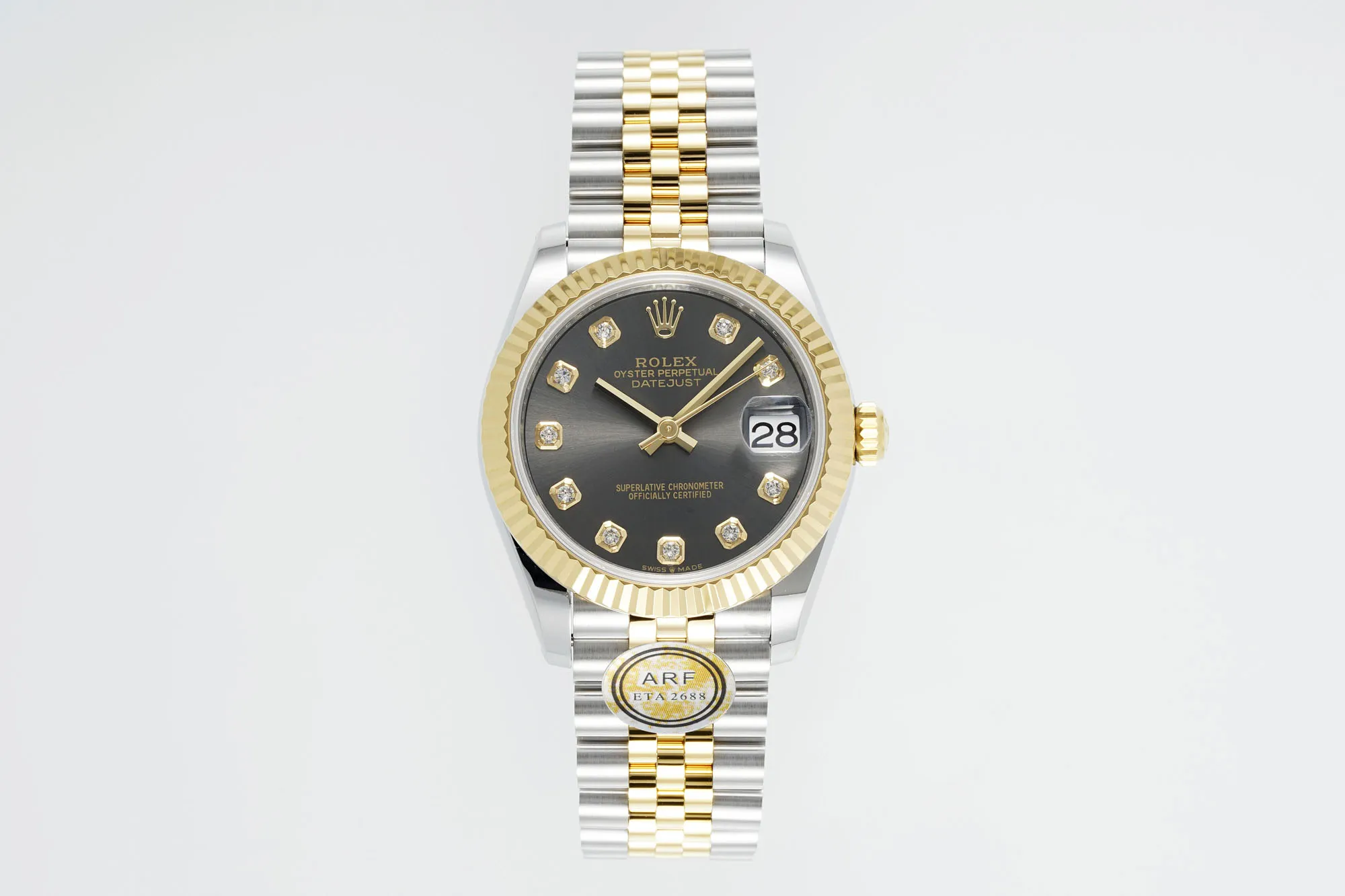 AR Factory Rolex Lady-Datejust 31mm Two-Tone Steel and Yellow Gold Black Diamond Dial Fluted Bezel Oyster Bracelet Watch