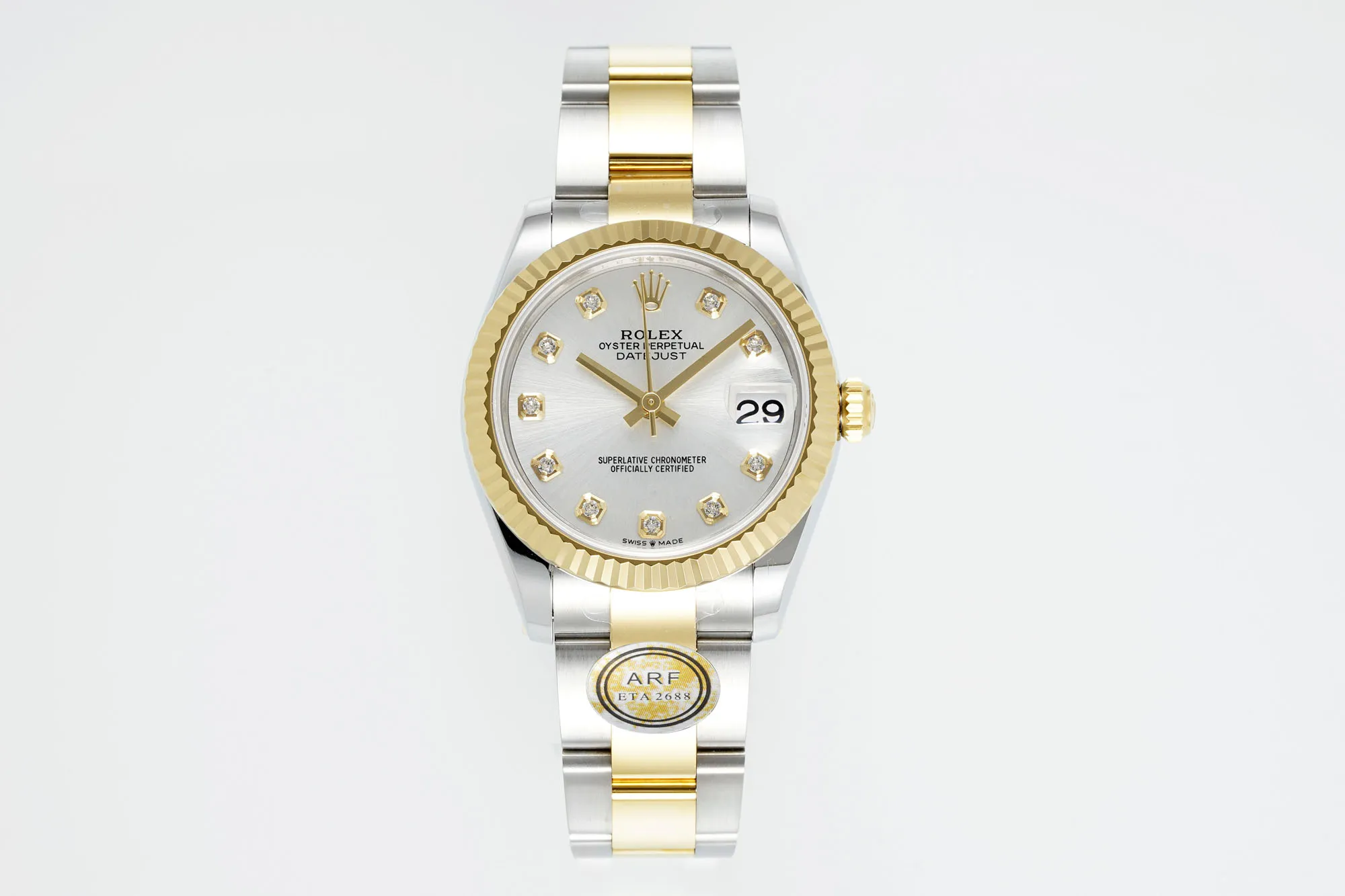 AR Factory Rolex Lady-Datejust 31mm Two-Tone Yellow Gold and Oystersteel Watch with White Diamond Dial and Fluted Bezel