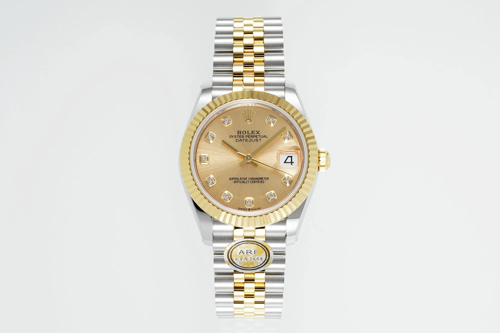 AR Factory Rolex Lady-Datejust 28mm Two-Tone Yellow Gold and Steel Champagne Dial Diamond Markers Fluted Bezel Oyster Bracelet Watch