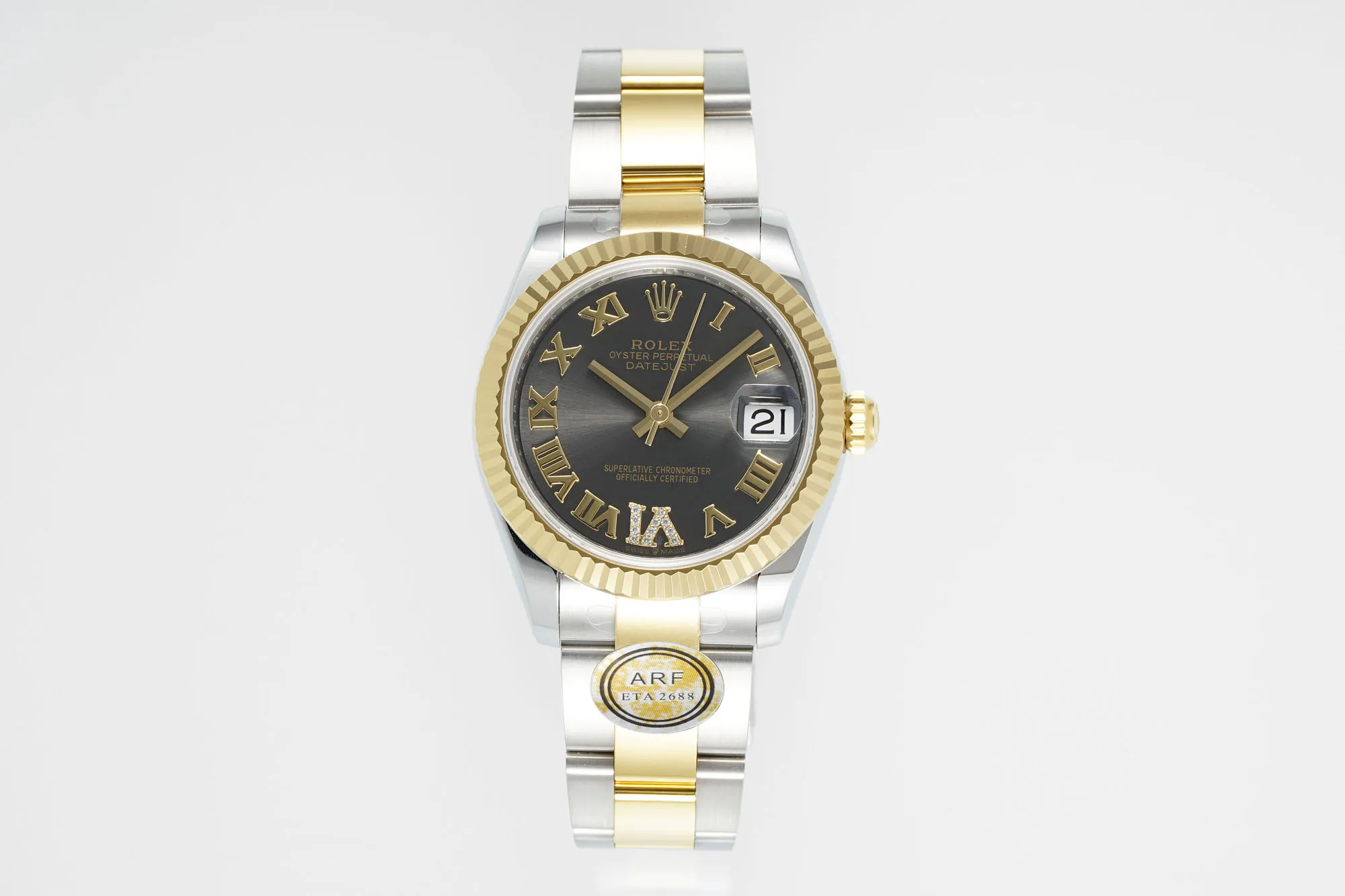 AR Factory Rolex Datejust 31mm Two-Tone Yellow Gold and Stainless Steel Watch with Black Roman Numeral Dial and Fluted Bezel