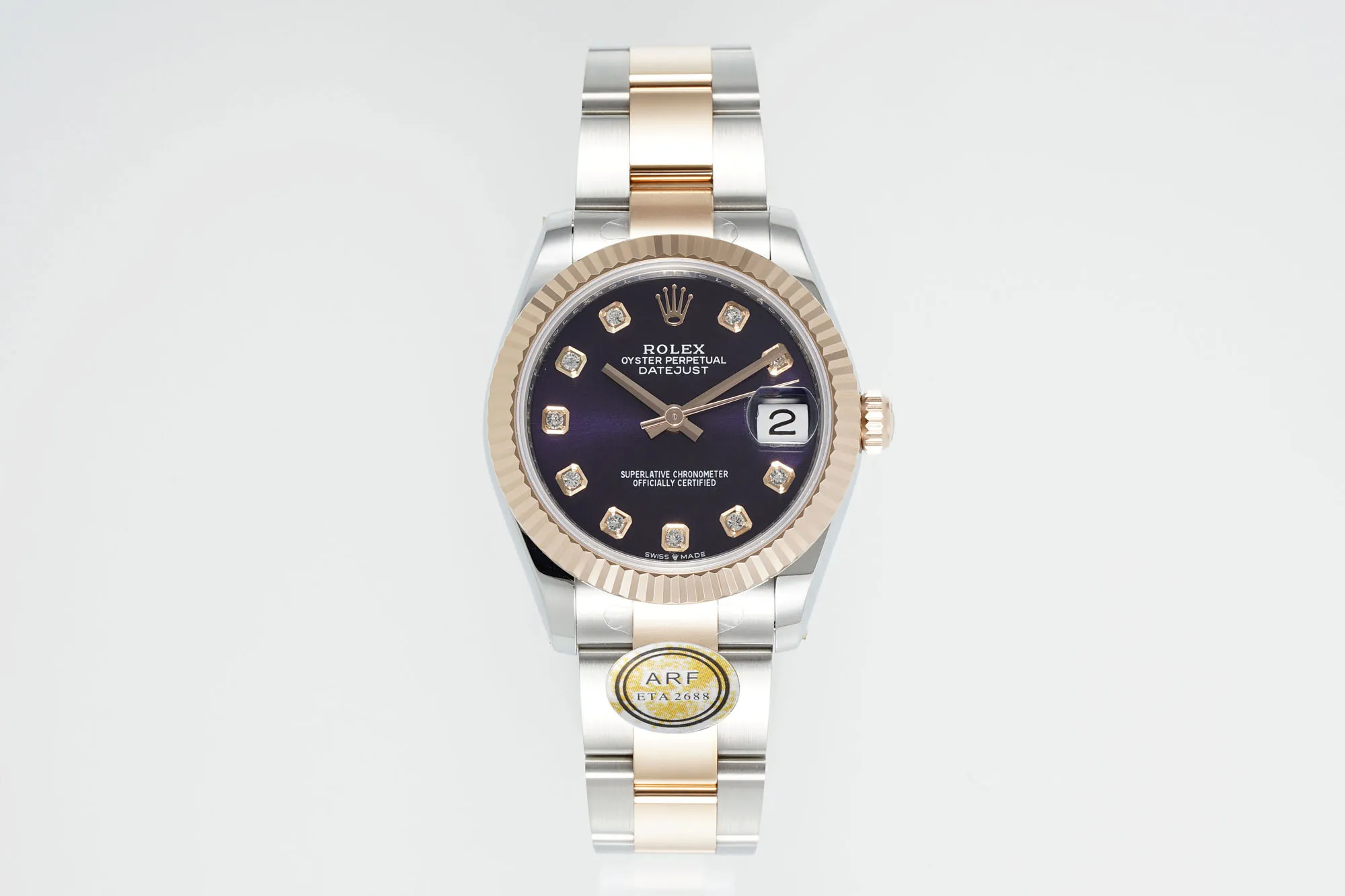 AR Factory Rolex Lady-Datejust 31mm Two-Tone Stainless Steel and Rose Gold Aubergine Diamond Dial Fluted Bezel Automatic Watch
