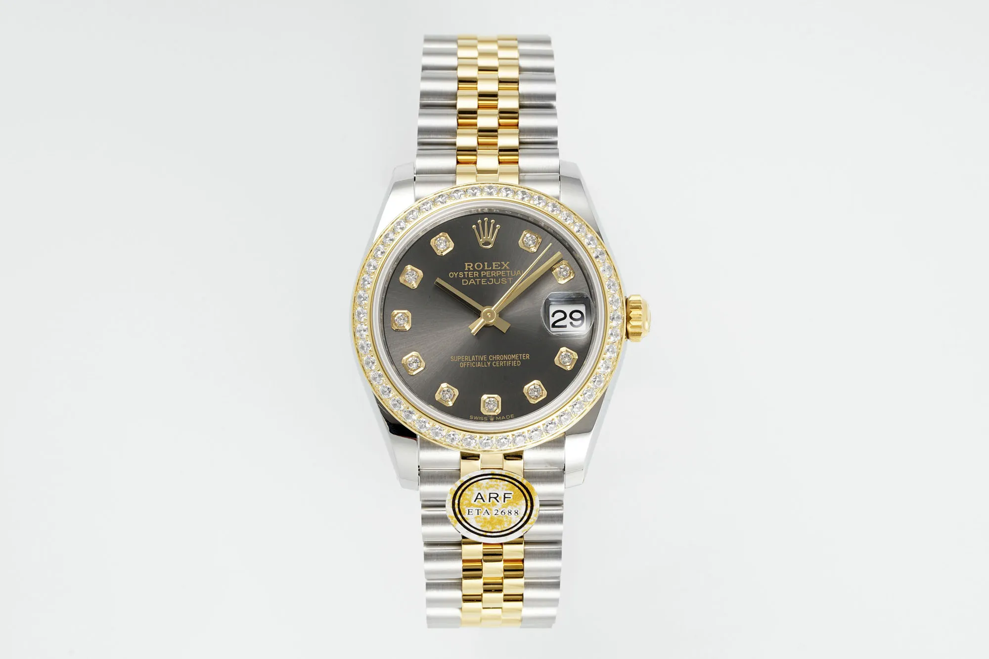 AR Factory Rolex Datejust 31mm Two-Tone Yellow Gold and Stainless Steel Black Dial Diamond Bezel and Markers Women's Luxury Watch