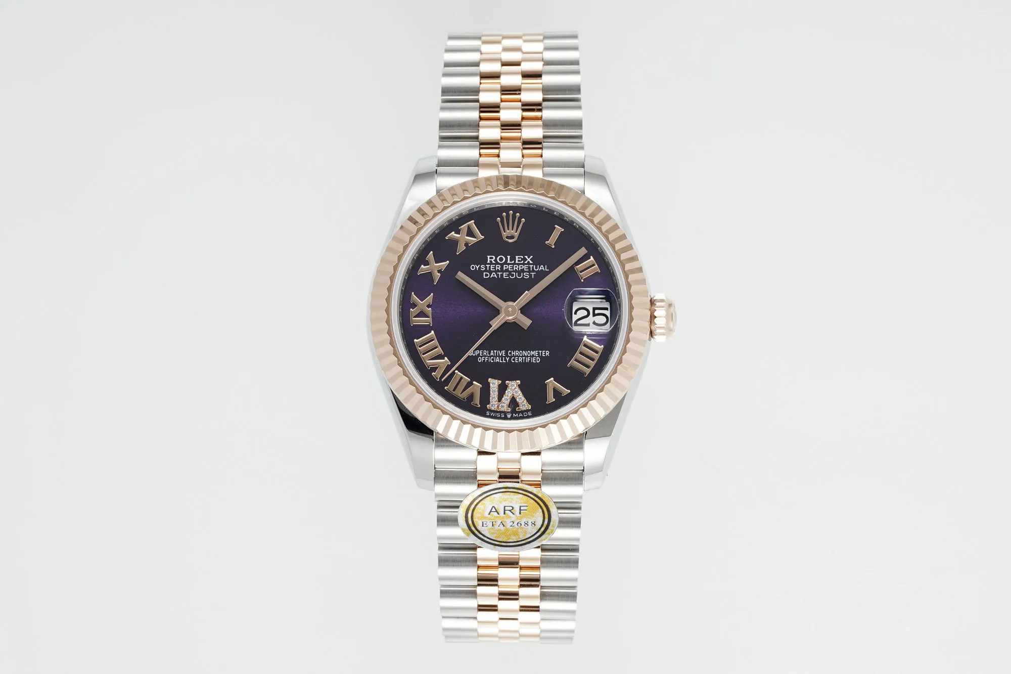 AR Factory Rolex Datejust 31mm Two-Tone Stainless Steel and 18K Everose Gold Aubergine Dial with Roman Numerals Jubilee Bracelet Watch