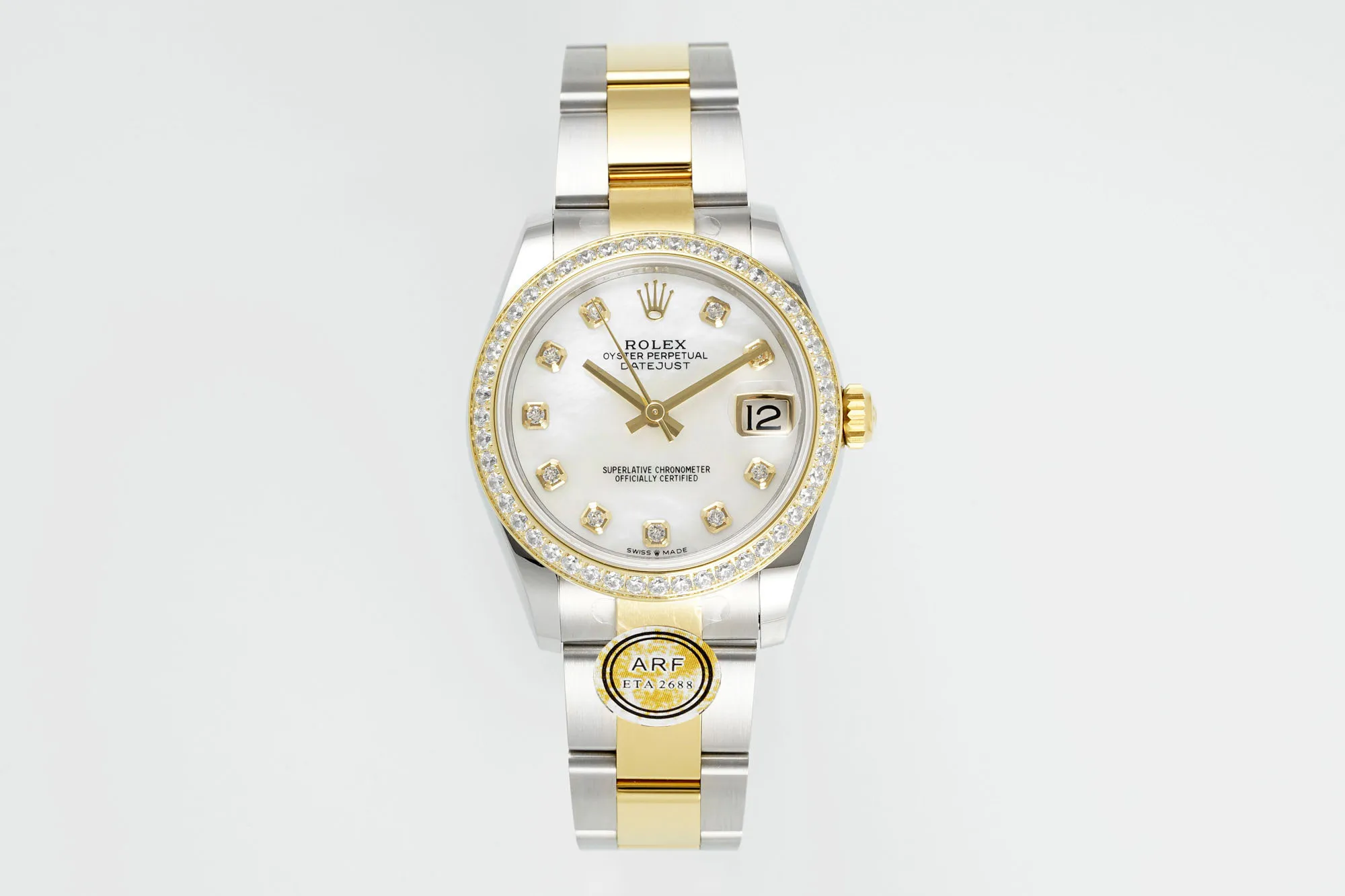 AR Factory Rolex Lady-Datejust 28mm White Mother-of-Pearl Dial Diamond Bezel Two-Tone Stainless Steel and Yellow Gold Oyster Bracelet Watch