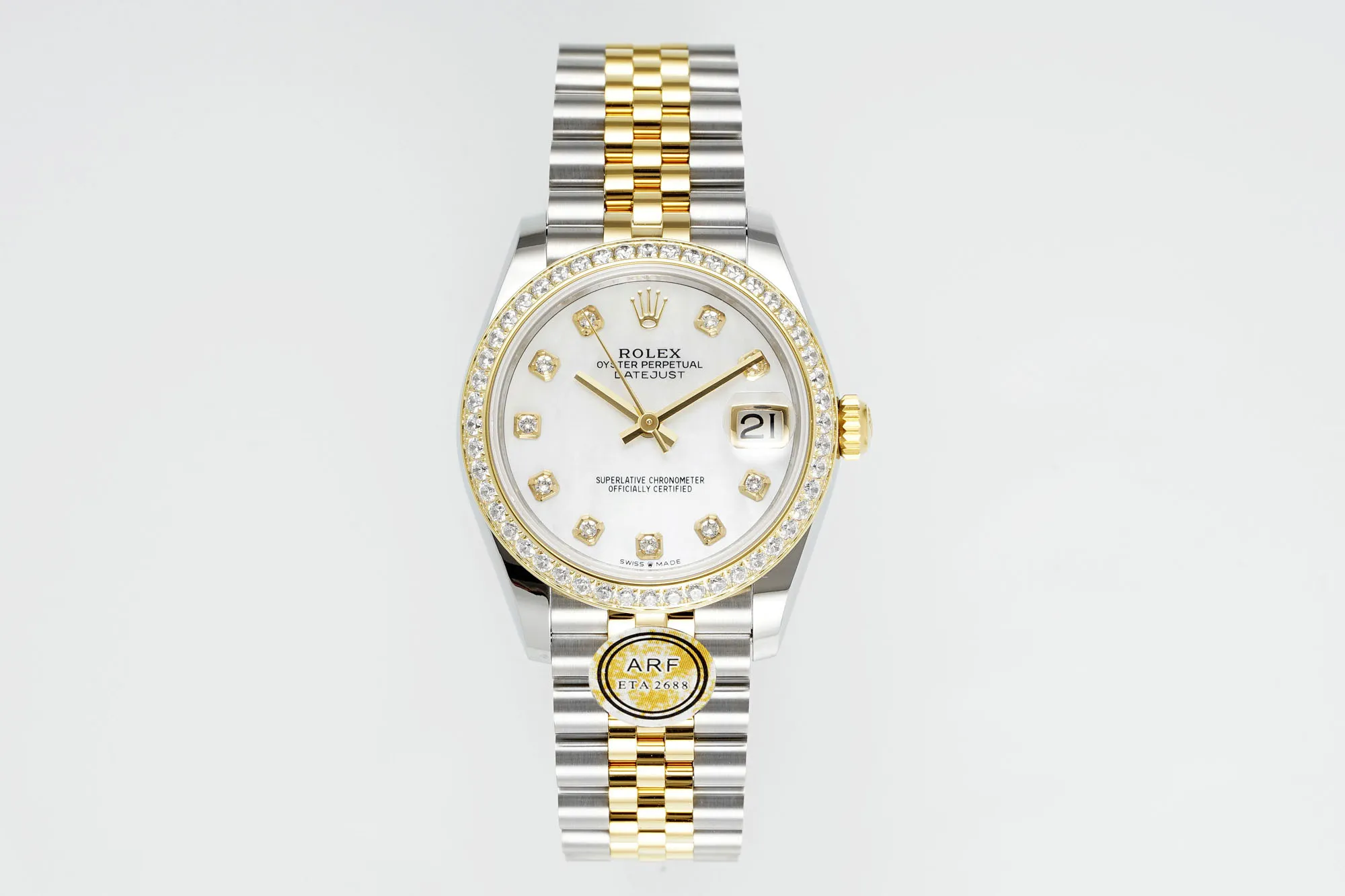 AR Factory Rolex Datejust 31mm White Mother-of-Pearl Dial Diamond Bezel Two-Tone Steel and Yellow Gold Jubilee Bracelet Luxury Women's Watch