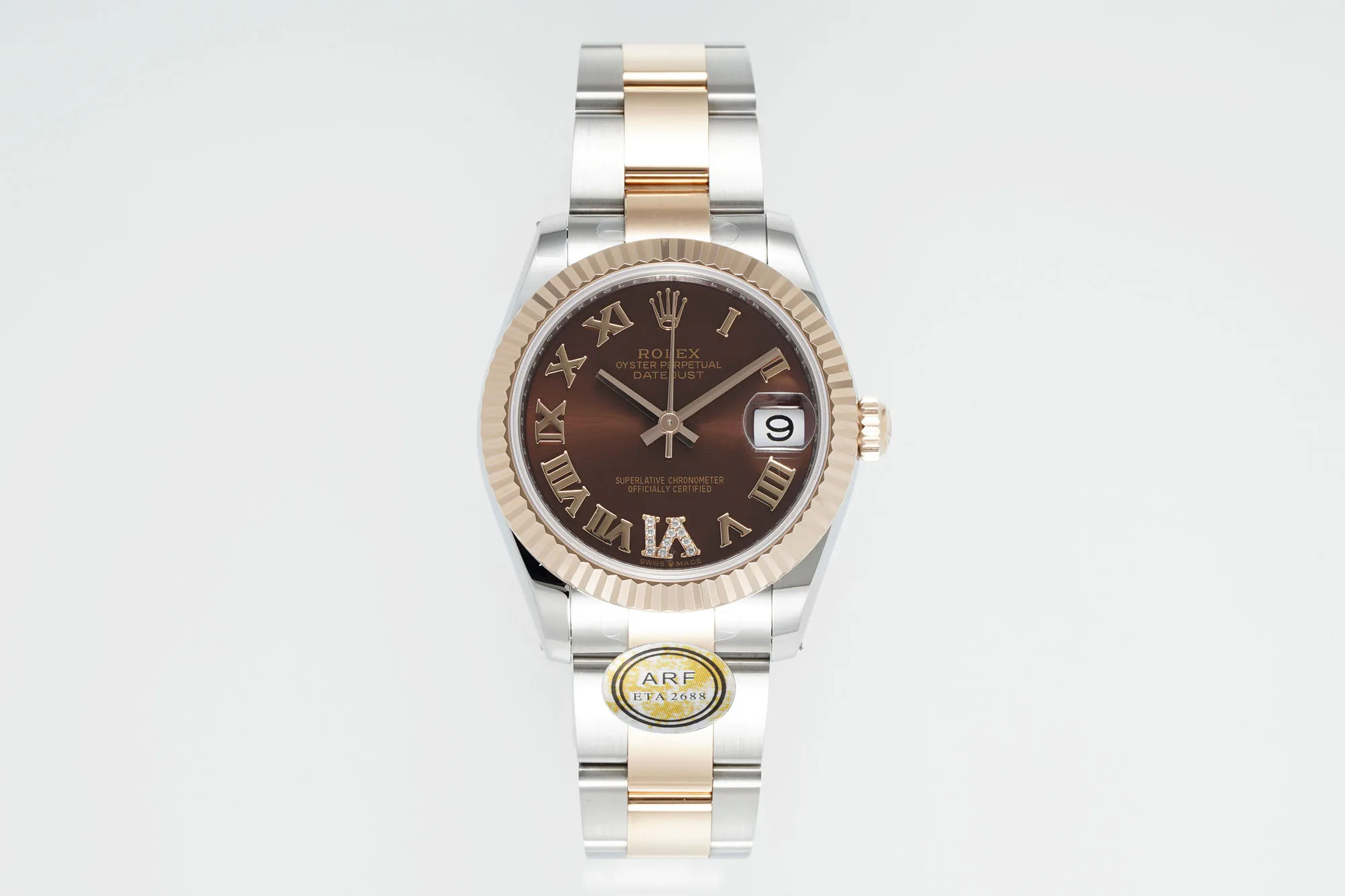AR Factory Rolex Datejust 31mm Two-Tone Stainless Steel and 18K Rose Gold Chocolate Brown Dial with Roman Numerals Fluted Bezel Oyster Bracelet Watch