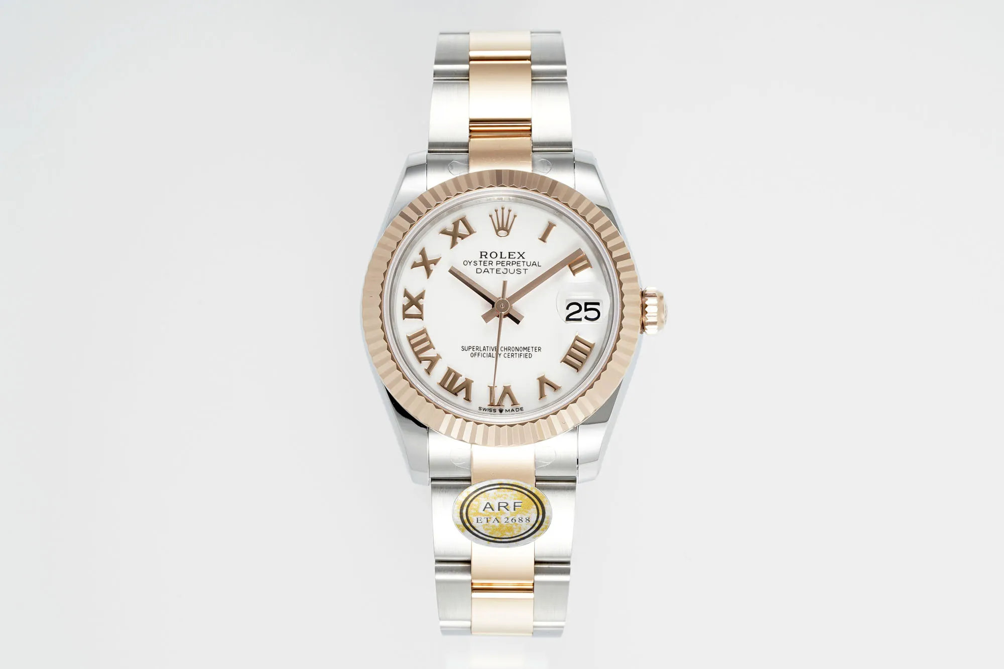 AR Factory Rolex Datejust 31mm White Roman Numeral Dial Two-Tone Stainless Steel and Rose Gold Oyster Bracelet Women's Watch