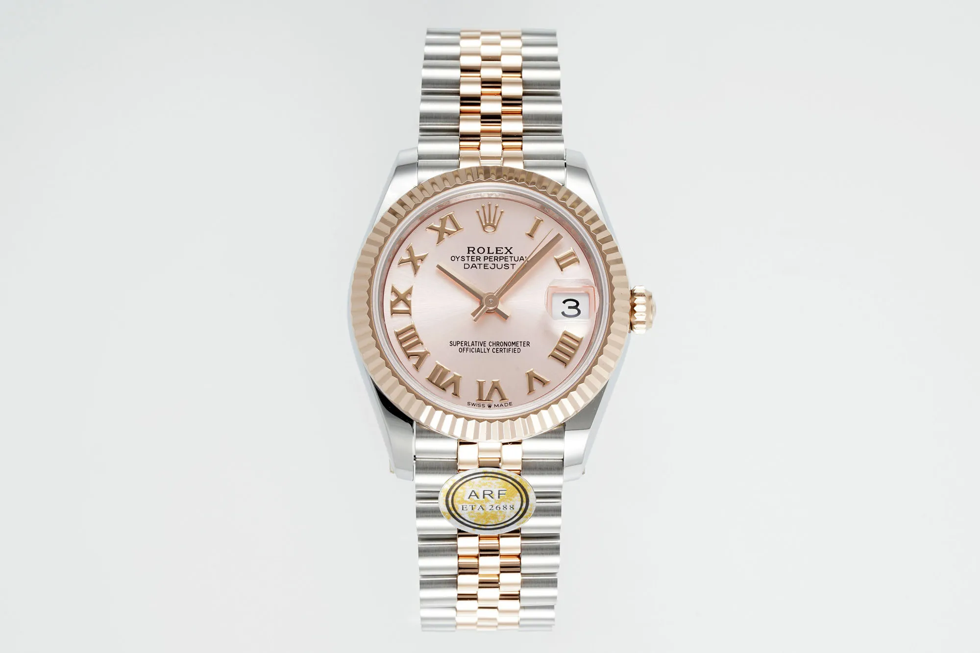 AR Factory Rolex Lady-Datejust 31mm Pink Dial Roman Numerals Two-Tone Rose Gold and Steel Jubilee Bracelet Automatic Watch