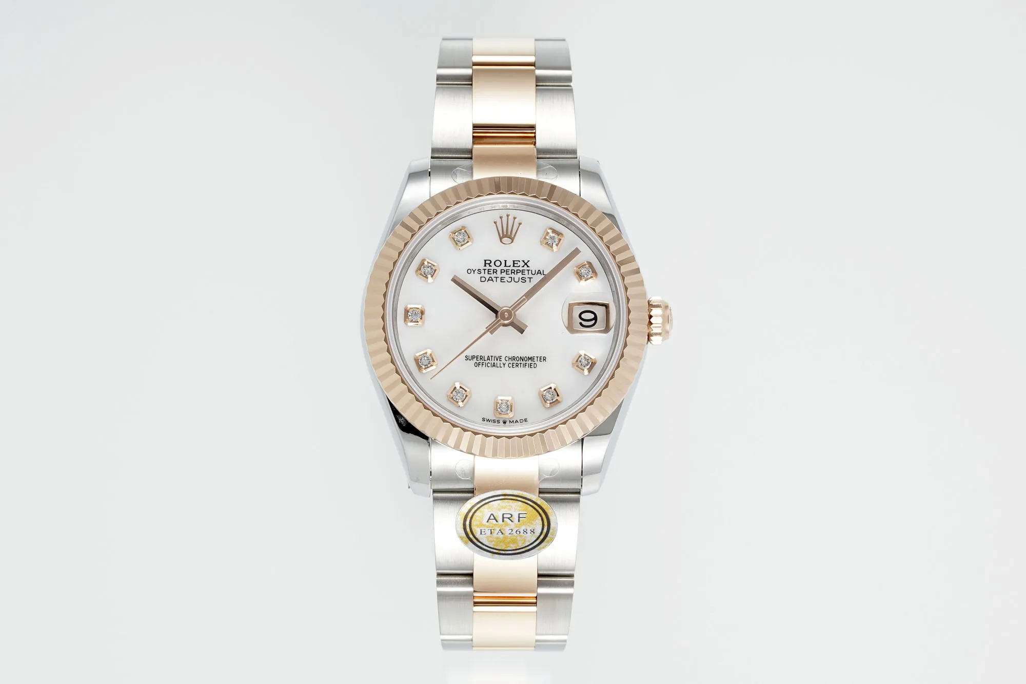 AR Factory Rolex Lady-Datejust 28mm White Mother-of-Pearl Dial Diamond Bezel Two-Tone Stainless Steel and Yellow Gold Jubilee Bracelet Women's Watch