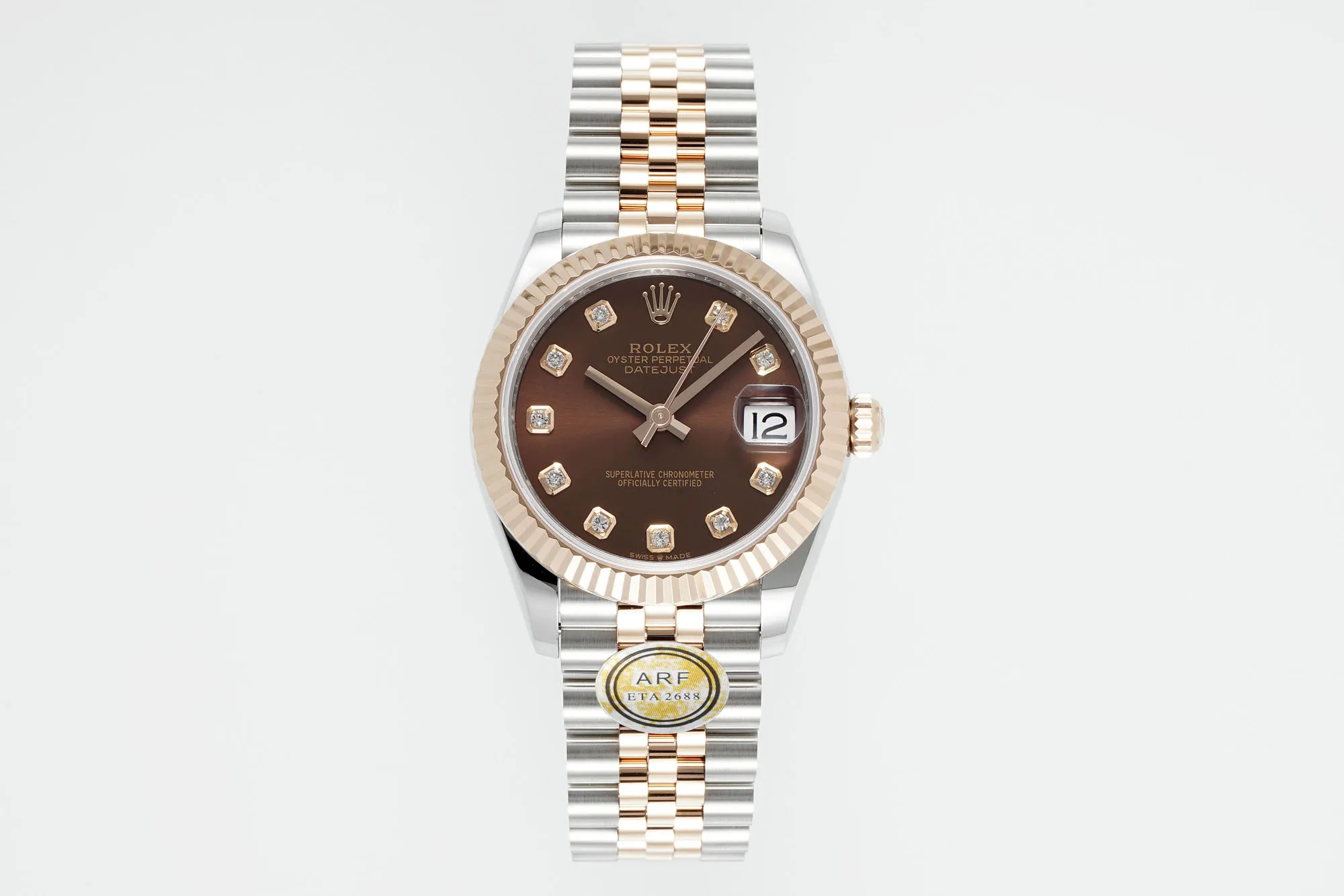AR Factory Rolex Lady-Datejust 31mm Chocolate Brown Dial Diamond-Set Bezel Everose Rolesor Jubilee Bracelet Watch
