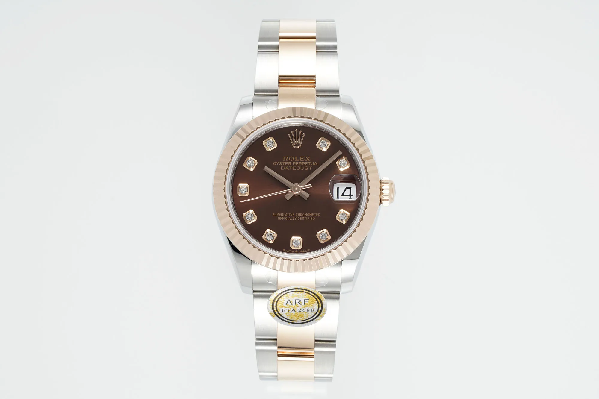 AR Factory Rolex Datejust 31mm Chocolate Dial Diamond Markers Two-Tone Stainless Steel and Yellow Gold Oyster Bracelet Ladies Watch