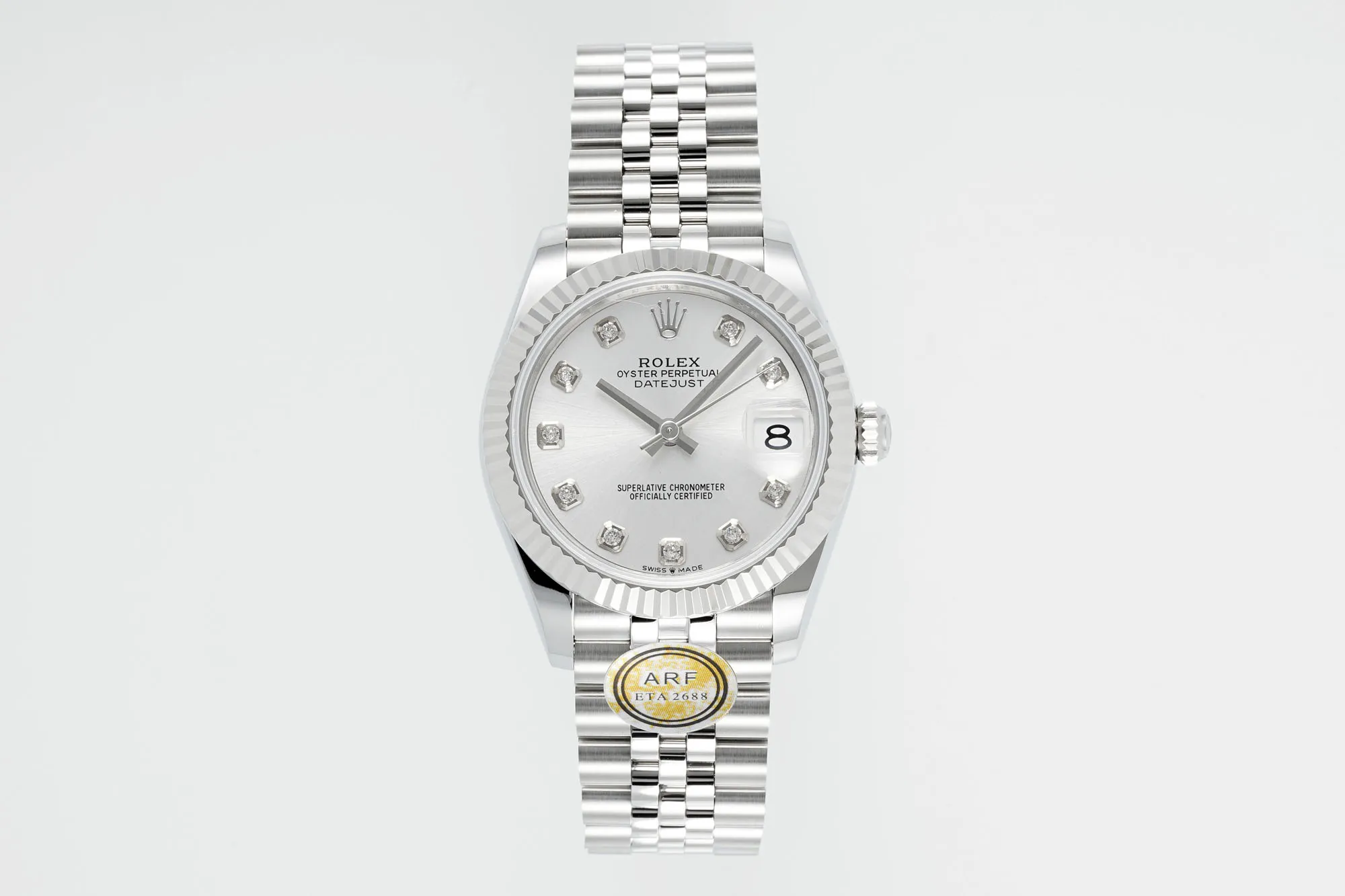 AR Factory Rolex Datejust 31mm Stainless Steel White Dial Diamond Bezel and Markers Jubilee Bracelet Ladies Watch