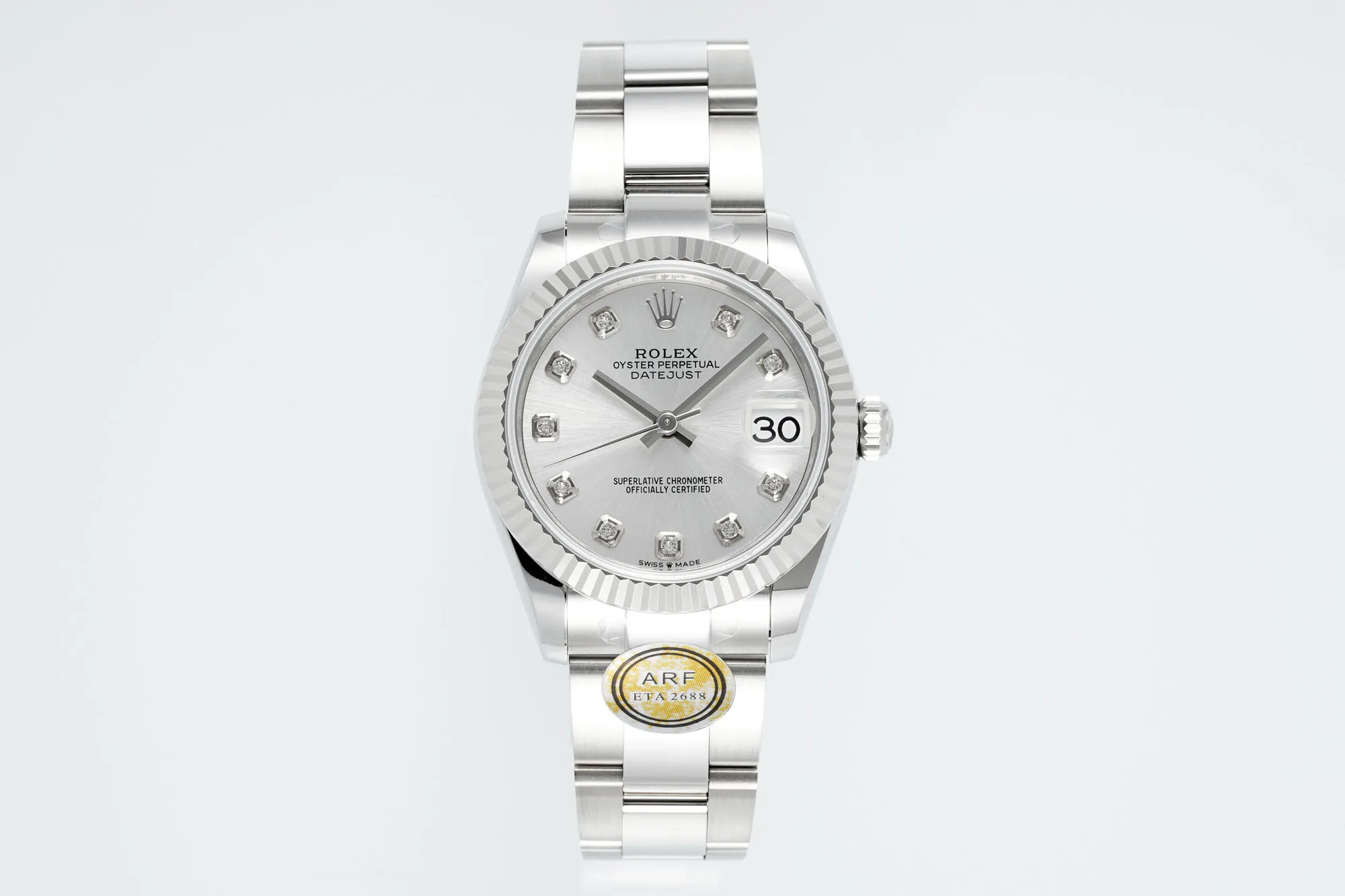 AR Factory Rolex Datejust 31mm Stainless Steel Oyster Bracelet White Dial Diamond Hour Markers Fluted Bezel Automatic Women's Watch