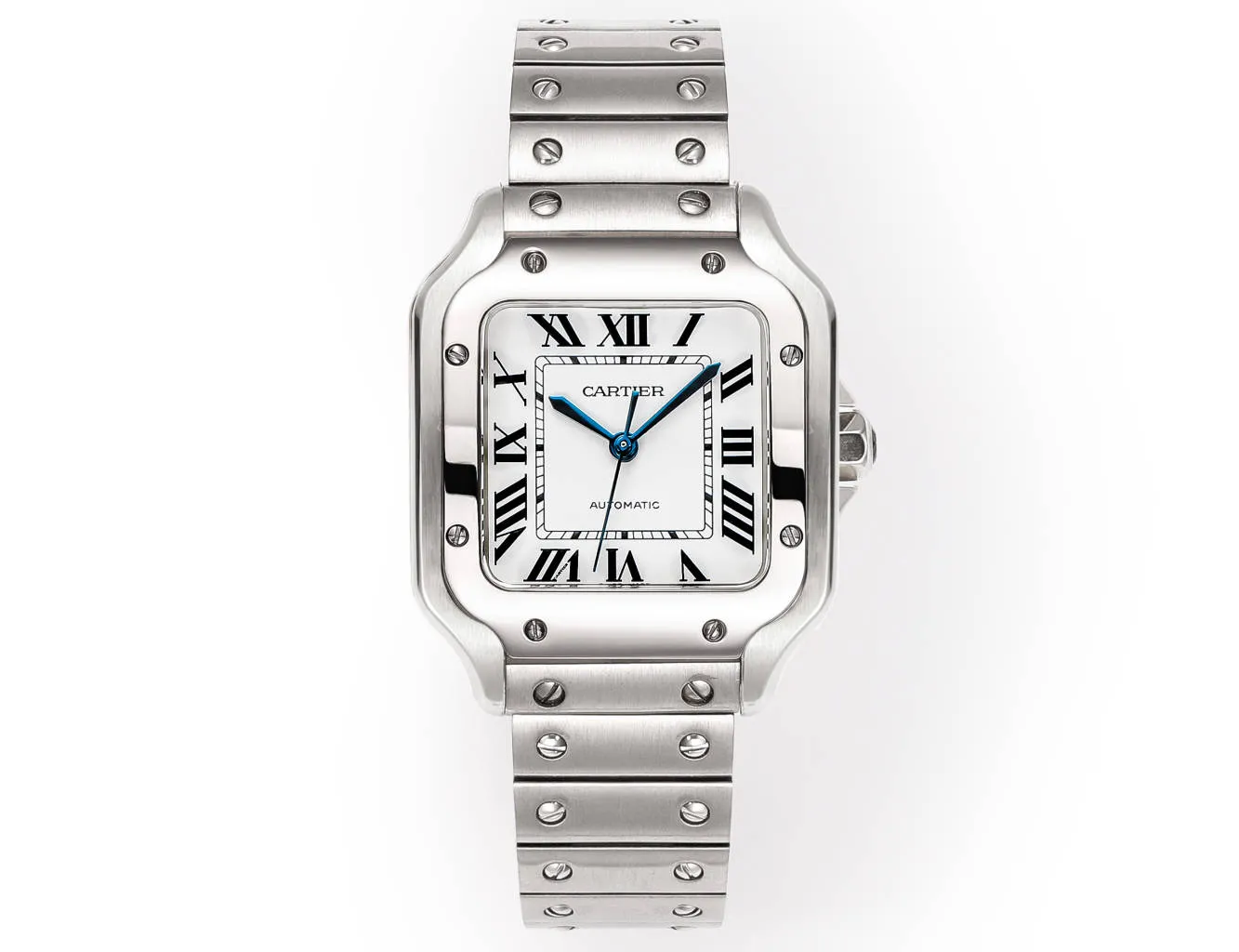 Cartier Santos de Cartier Automatic Stainless Steel Watch with White Dial and Blue Hands