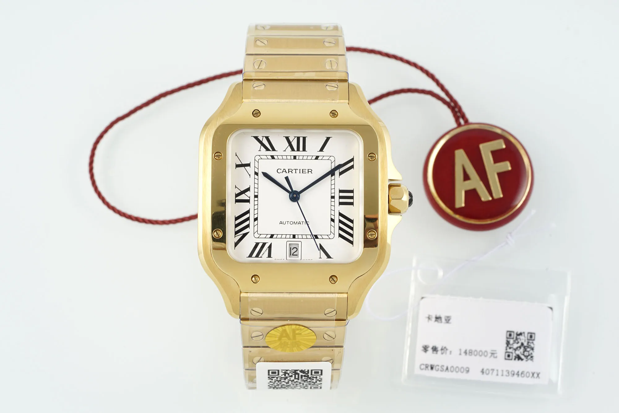 Cartier Santos de Cartier Large Automatic Yellow Gold Watch with White Roman Numeral Dial and Steel Bracelet