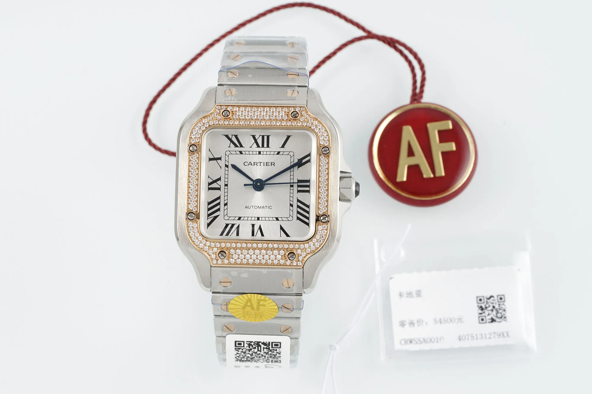 Cartier Santos de Cartier Automatic Two-Tone Steel and Yellow Gold Watch with Diamond-Set Bezel, White Dial and Roman Numerals