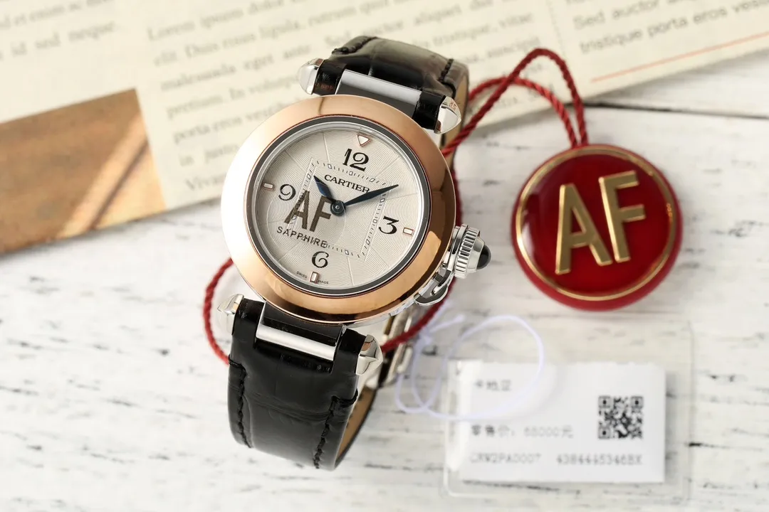 Cartier Ballon Bleu White Dial Rose Gold and Steel Automatic Ladies Watch with Black Leather Strap