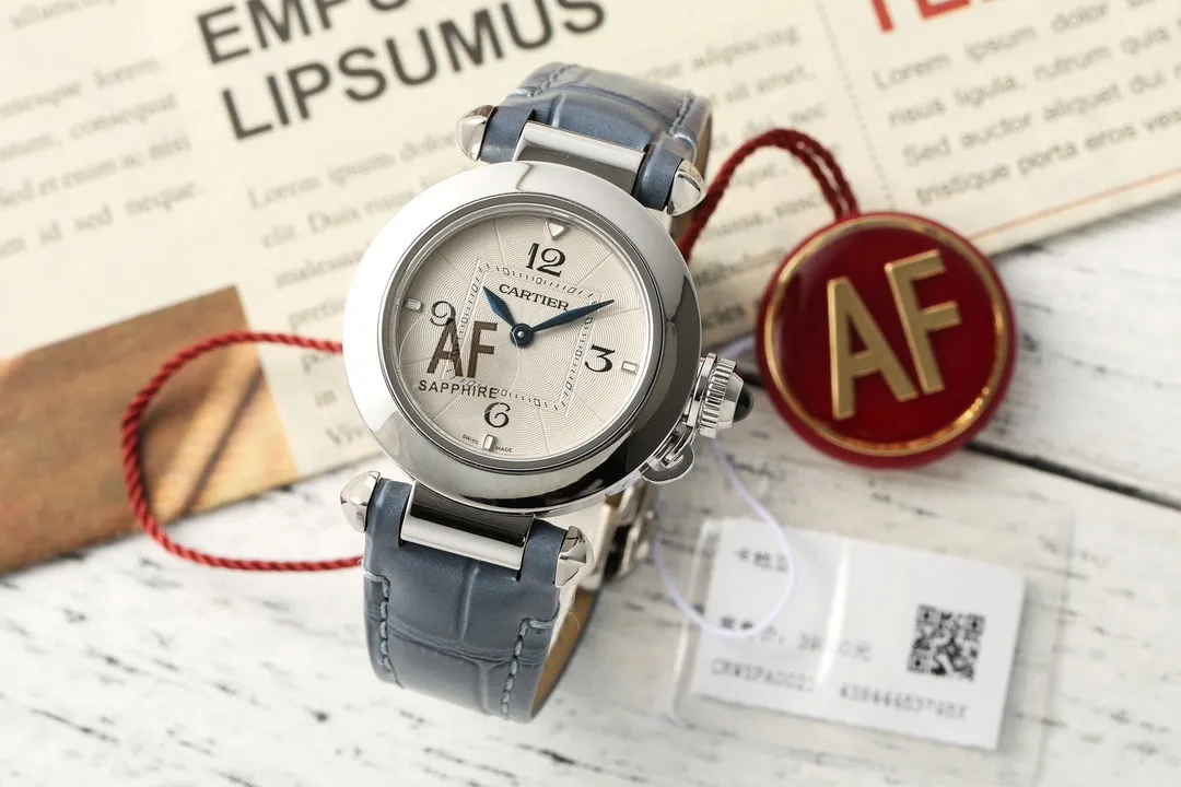 AF Factory Cartier Pasha de Cartier Stainless Steel Watch with Blue Leather Strap and White Dial