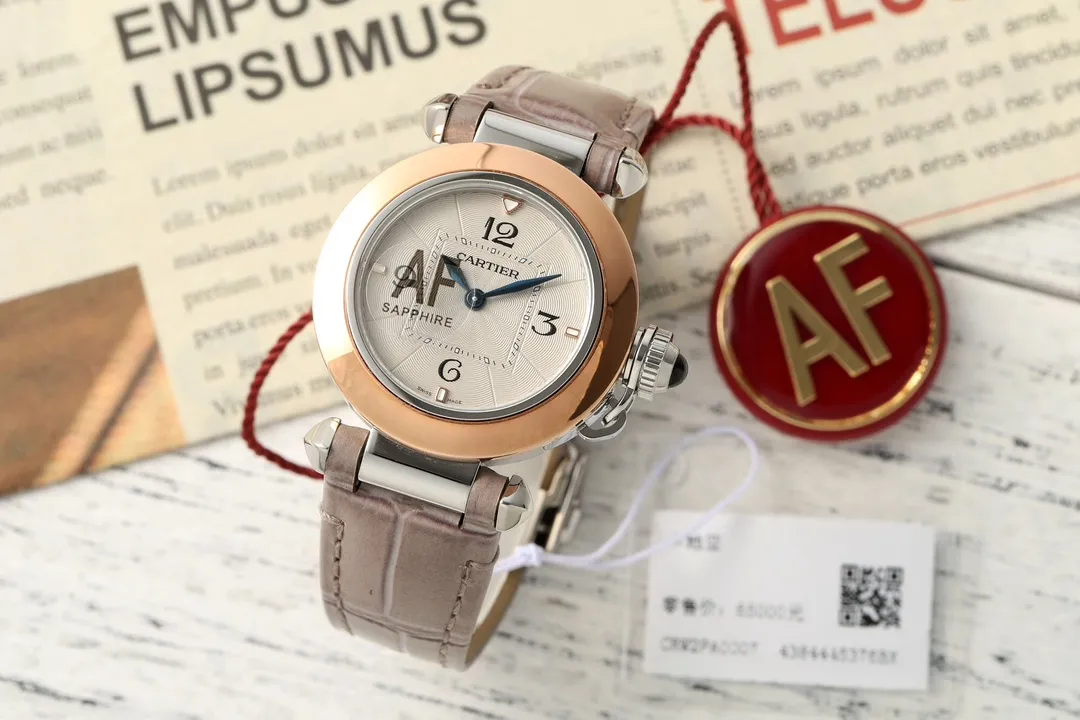 Cartier Pasha de Cartier Women's Watch in Rose Gold Tone with White Dial, Blue Hands, and Taupe Alligator Leather Strap