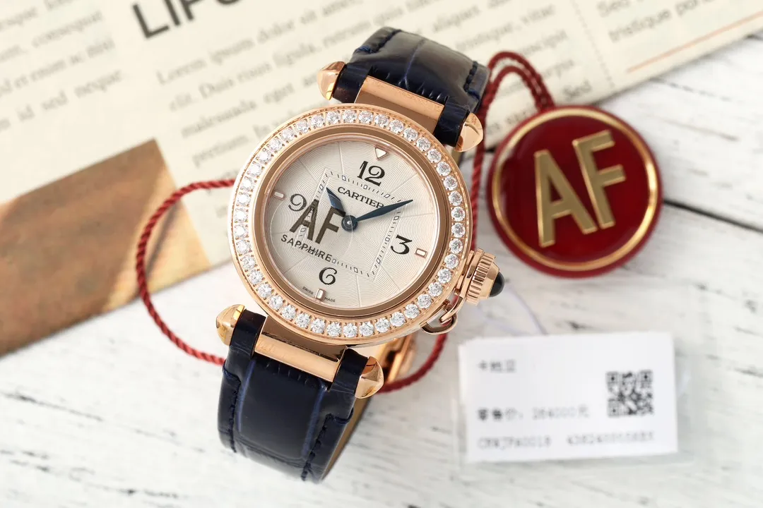 AF Factory Cartier Pasha de Cartier 32mm Rose Gold Diamond-Bezel Navy Blue Leather Strap Women's Luxury Watch