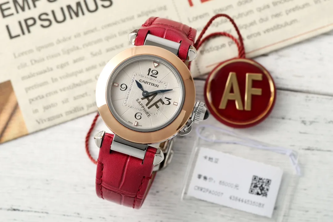 Cartier Ballon Bleu de Cartier Women's Watch - Rose Gold & Steel Case, White Dial, Red Leather Strap, Luxury Automatic Timepiece