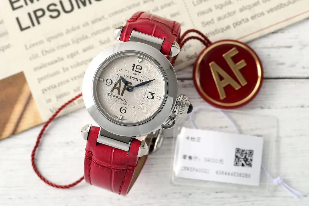 AF Factory Cartier Pasha de Cartier 35mm Women's Watch with Silver Case, White Dial, and Red Leather Strap
