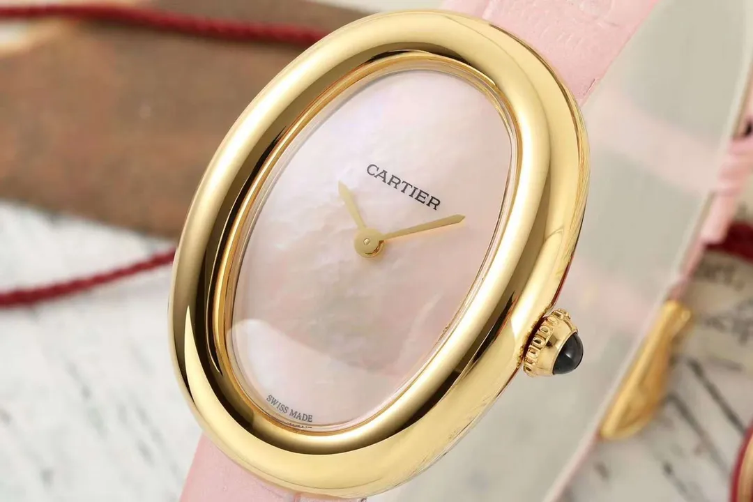 Cartier Baignoire Oval Pink Mother-of-Pearl Dial Yellow Gold Case Pink Leather Strap Women's Luxury Watch