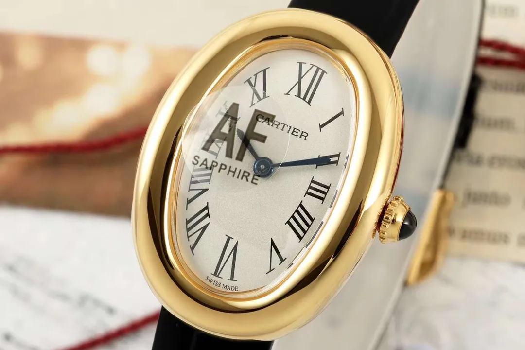 Cartier Baignoire Yellow Gold Oval Women's Watch with White Dial, Roman Numerals, Black Leather Strap, and Sapphire Cabochon Crown