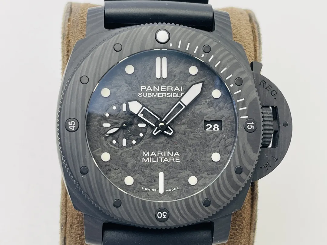 Panerai Submersible Marina Militare Carbotech Automatic Men's Diver Watch - Black Dial with Gray Texture, Black Rubber Strap