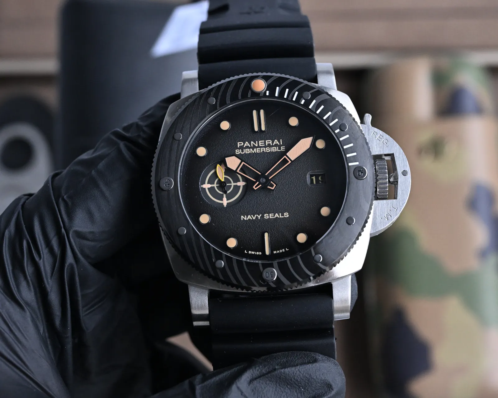 Panerai Luminor Submersible Navy Seals Black Dial Brown Leather Strap Men's Diver Watch