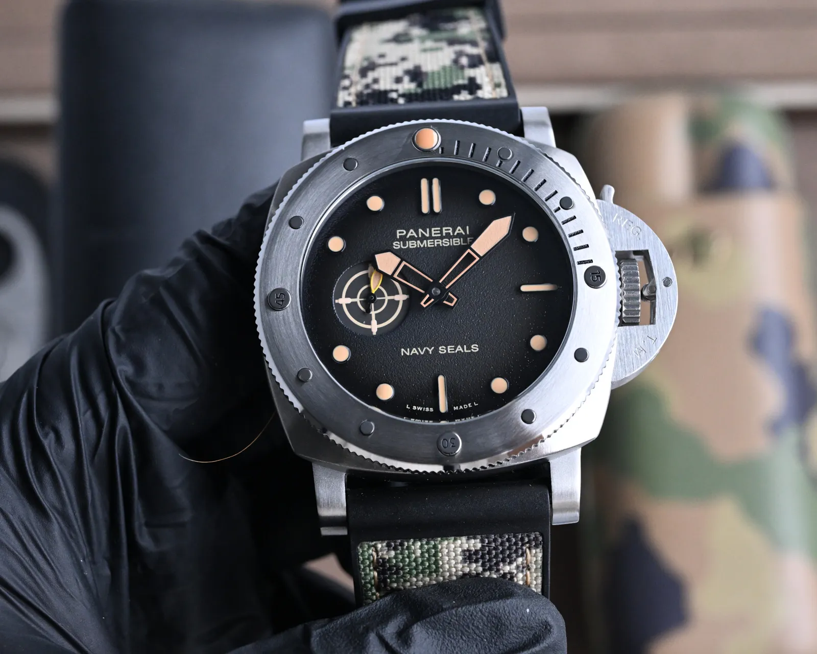 Panerai Submersible Navy Seals Black Dial Titanium Case Camo Rubber Strap Men's Dive Watch