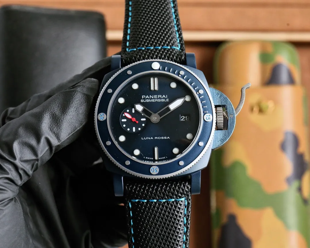 Panerai Submersible Luna Rossa Blue Fabric Strap Black Dial Men's Dive Watch
