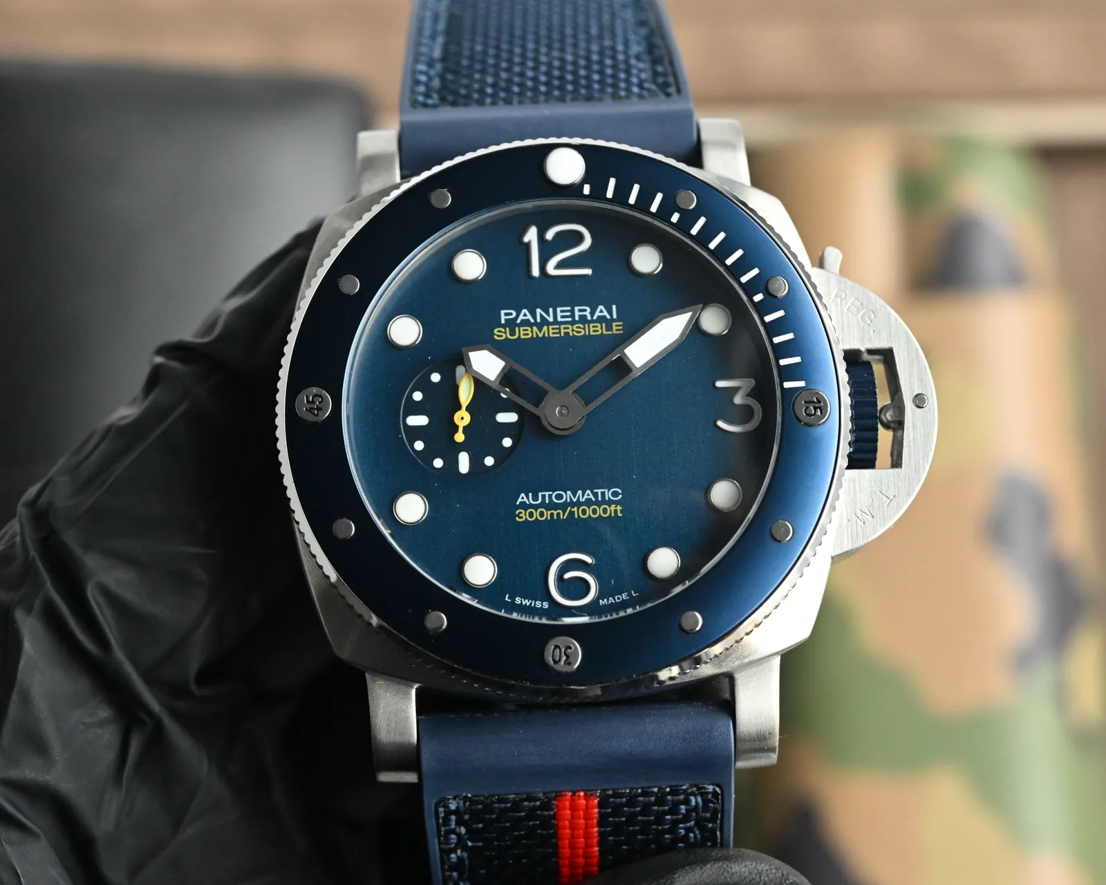 Panerai Submersible Automatic Blue Dial Men's Diver Watch with Navy Fabric Strap and 300m Water Resistance