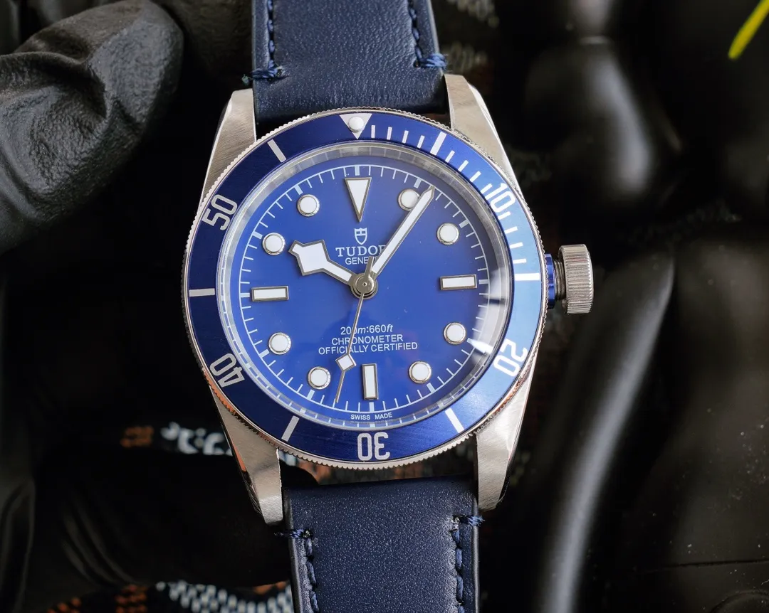 Tudor Black Bay Fifty-Eight Blue Dial Automatic Dive Watch with Navy Leather Strap and Stainless Steel Case