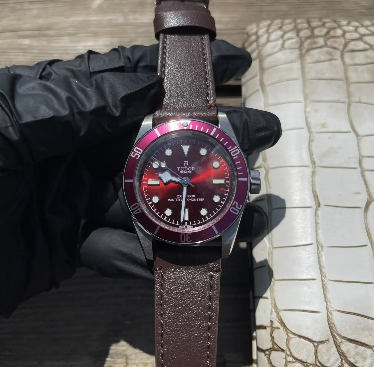 Tudor Black Bay Burgundy Red Dial Automatic Diver's Watch with Brown Leather Strap