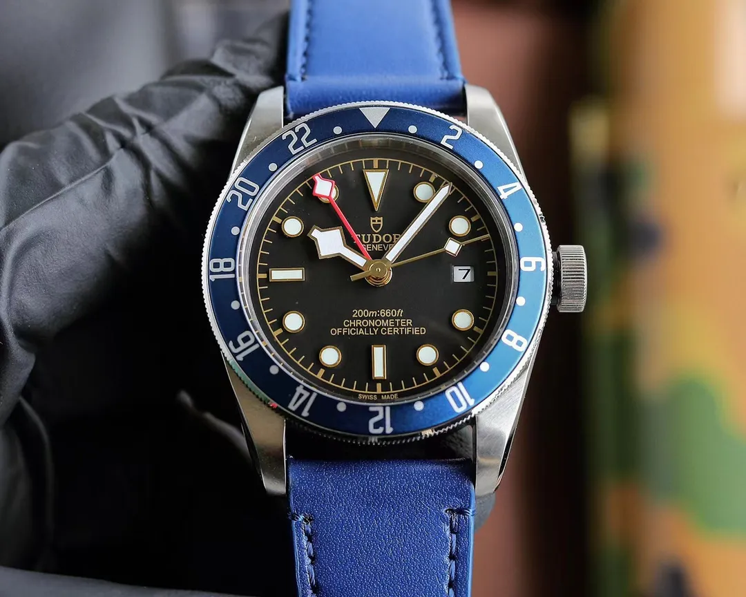 Tudor Black Bay GMT Men's Watch - Black Dial, Blue-Red Pepsi Bezel, Blue Leather Strap, Stainless Steel Case