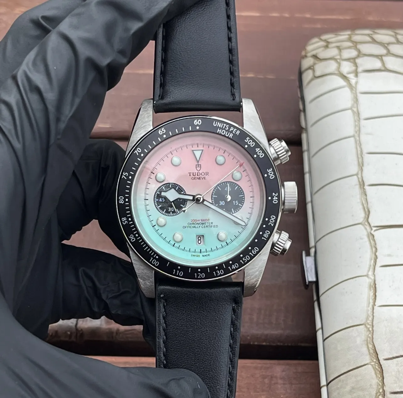 Tudor Black Bay Chrono Gradient Pink-to-Blue Dial Stainless Steel Chronograph Watch with Black Leather Strap