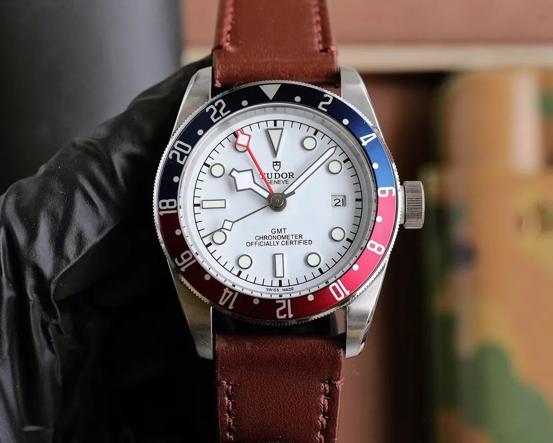 ZF Factory Tudor Black Bay GMT White Dial Red Blue Pepsi Bezel Brown Leather Strap Men's Luxury Watch
