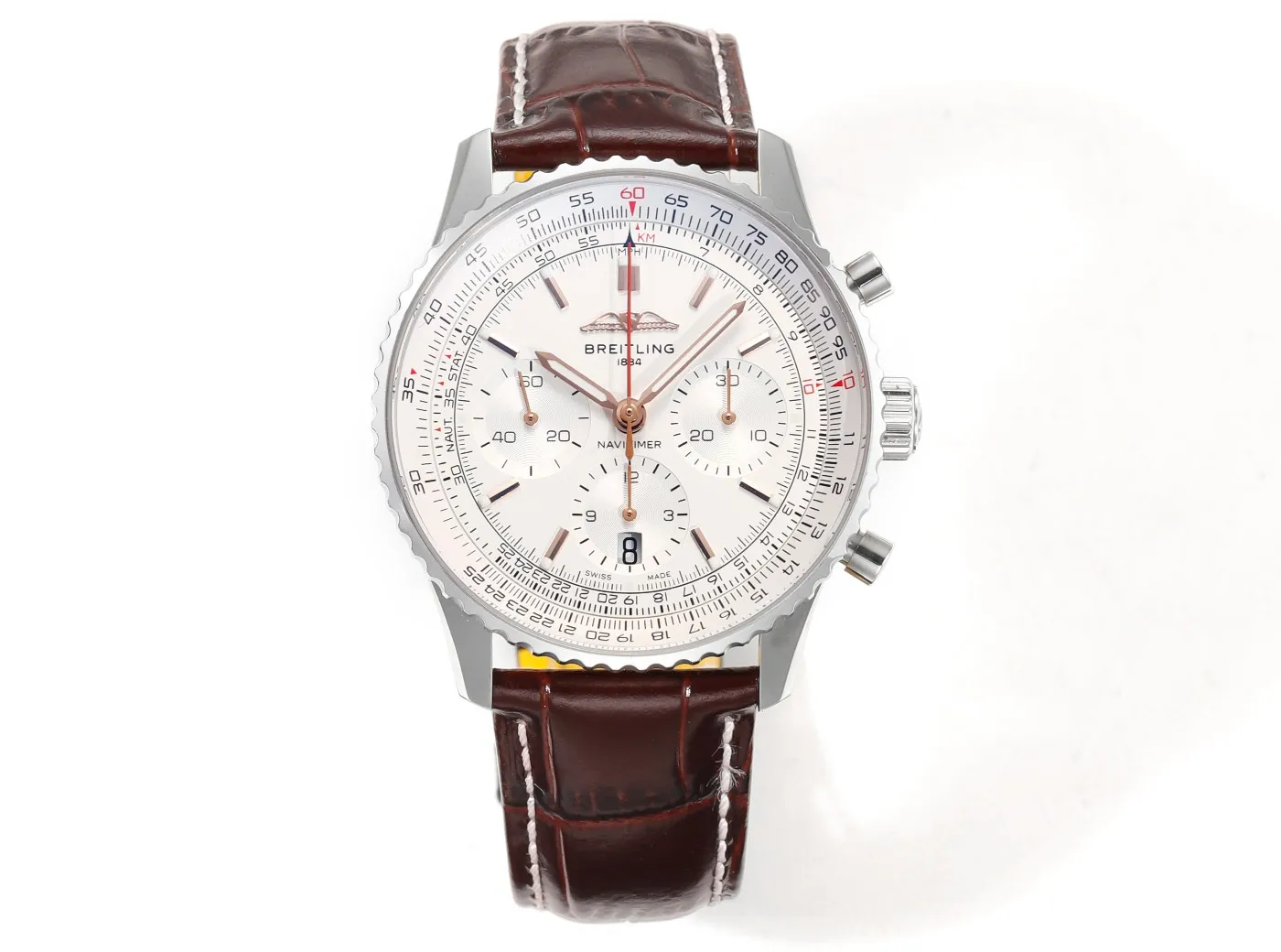 BLS Factory Breitling Navitimer 01 Chronograph Automatic Men's Watch with Silver Dial, Brown Leather