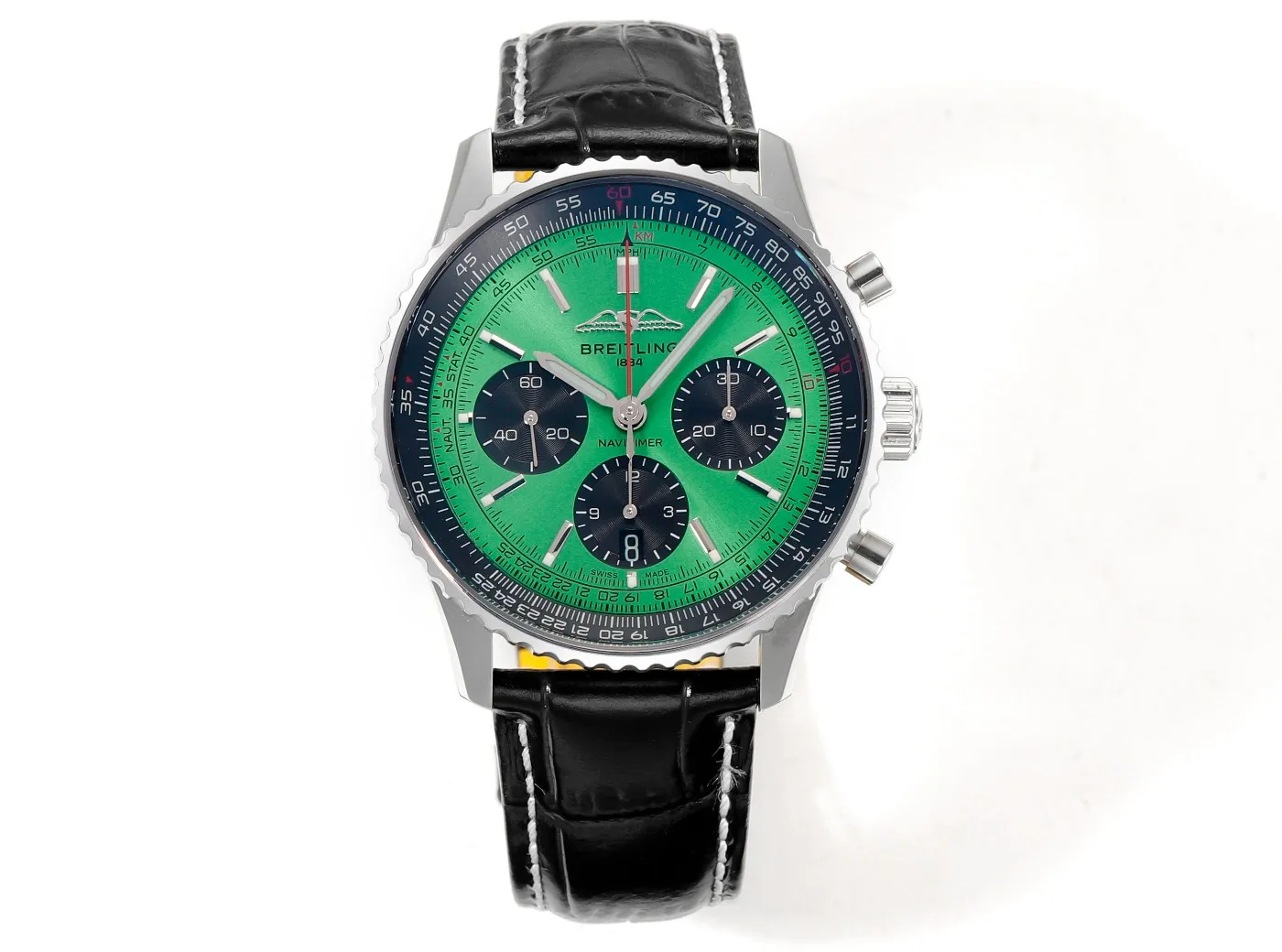 BLS Factory Breitling Navitimer Chronograph Automatic Watch with Green Dial, Black Subdials, Silver